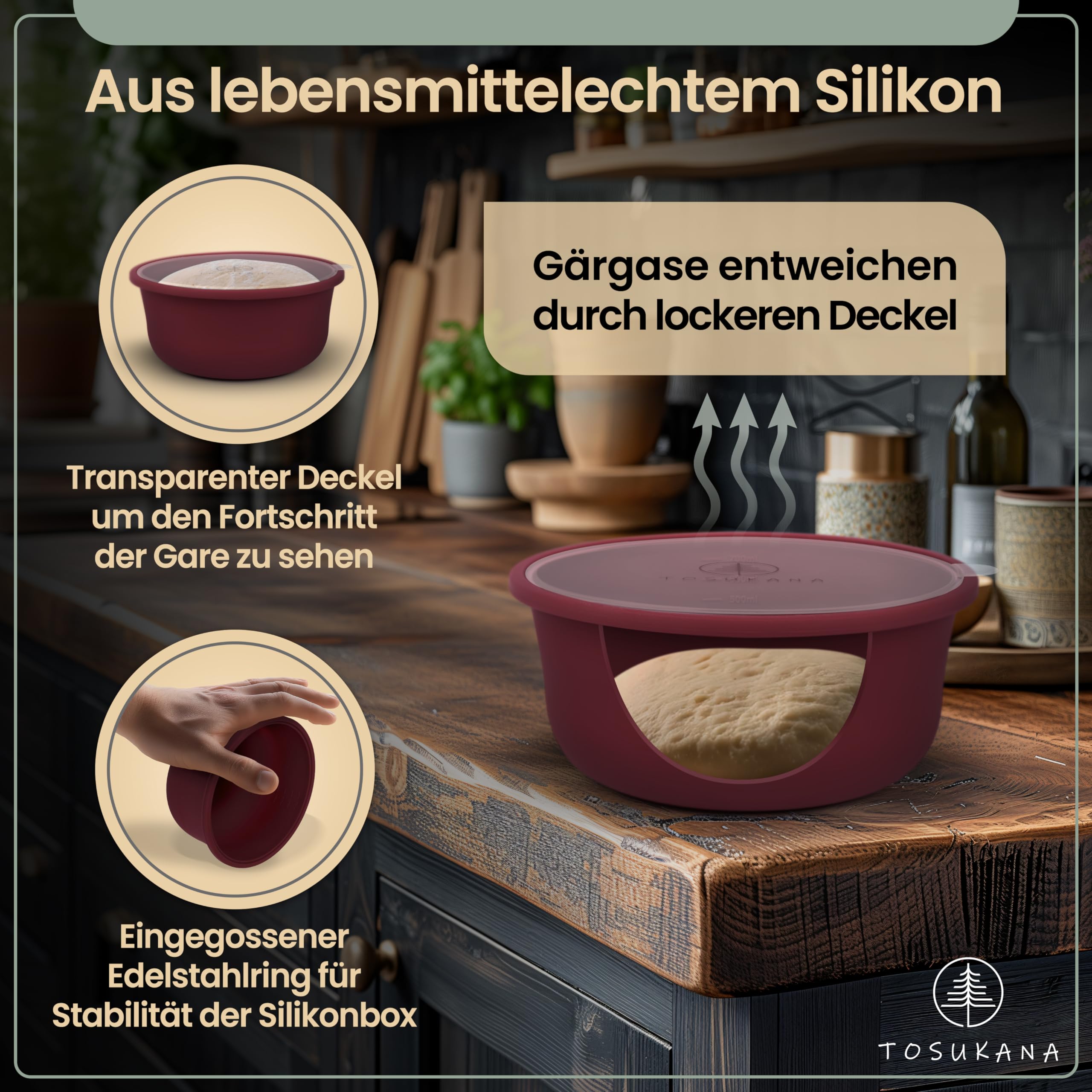 Pizzaballenbox mit Deckel - 4er Set Teigbox aus antihaftendem Silikon - platzsparend Pizzateig gären - Pizza-Zubehör - stapelbare Gärbox - rund - 700 ml - für 250-300g Teiglinge