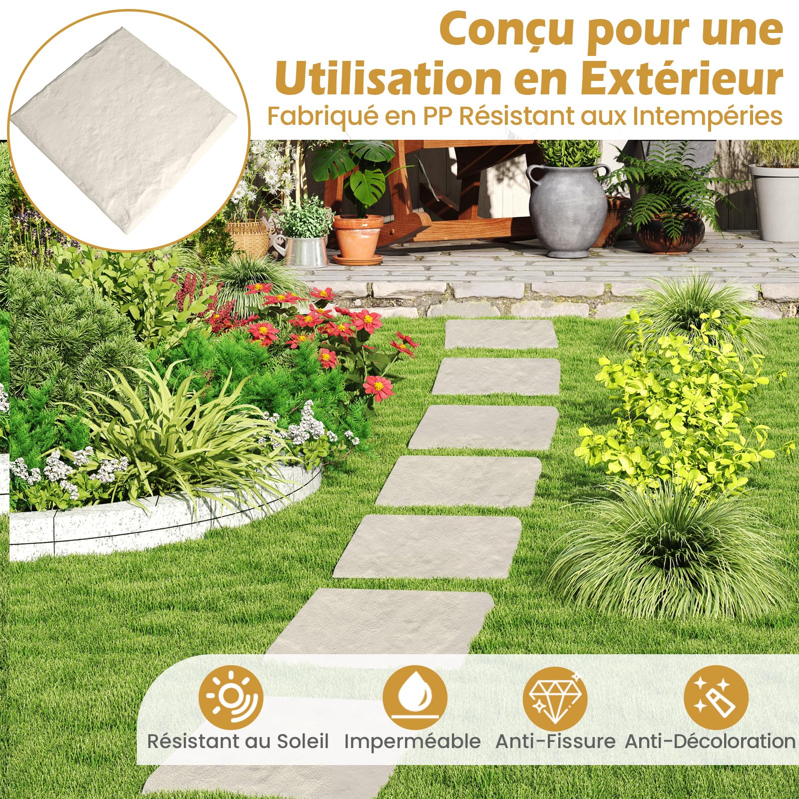 GOPLUS Lot de 8 Dalles de Jardin 39,5x39,5CM, Pavés Décoratifs avec Piquets de Sol, Pierres de Gué Extérieur en PP Résistant aux Intempéries pour Cour, Allée, Passage, Charge 300kg