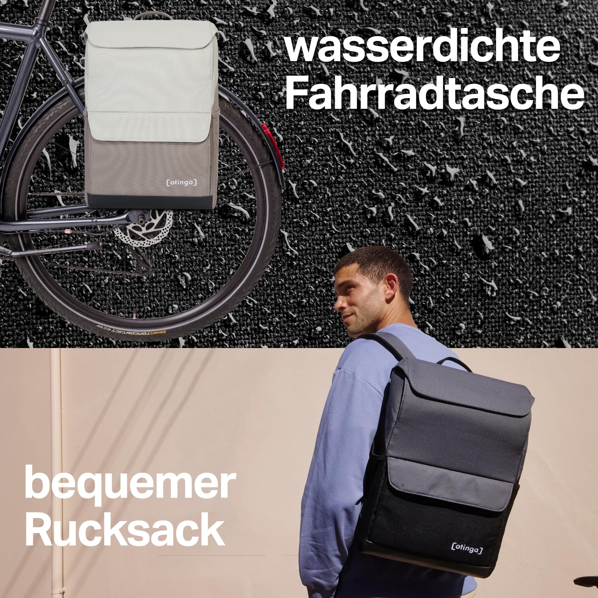 otinga® Flip Move Fahrradtasche Rucksack [16L Volumen] für jeden Gepäckträger I Gepäckträgertasche mit Rucksack - in 7 Sekunden umgebaut I Wasserdichter Fahrradrucksack Gepäckträger (leinen-grau)