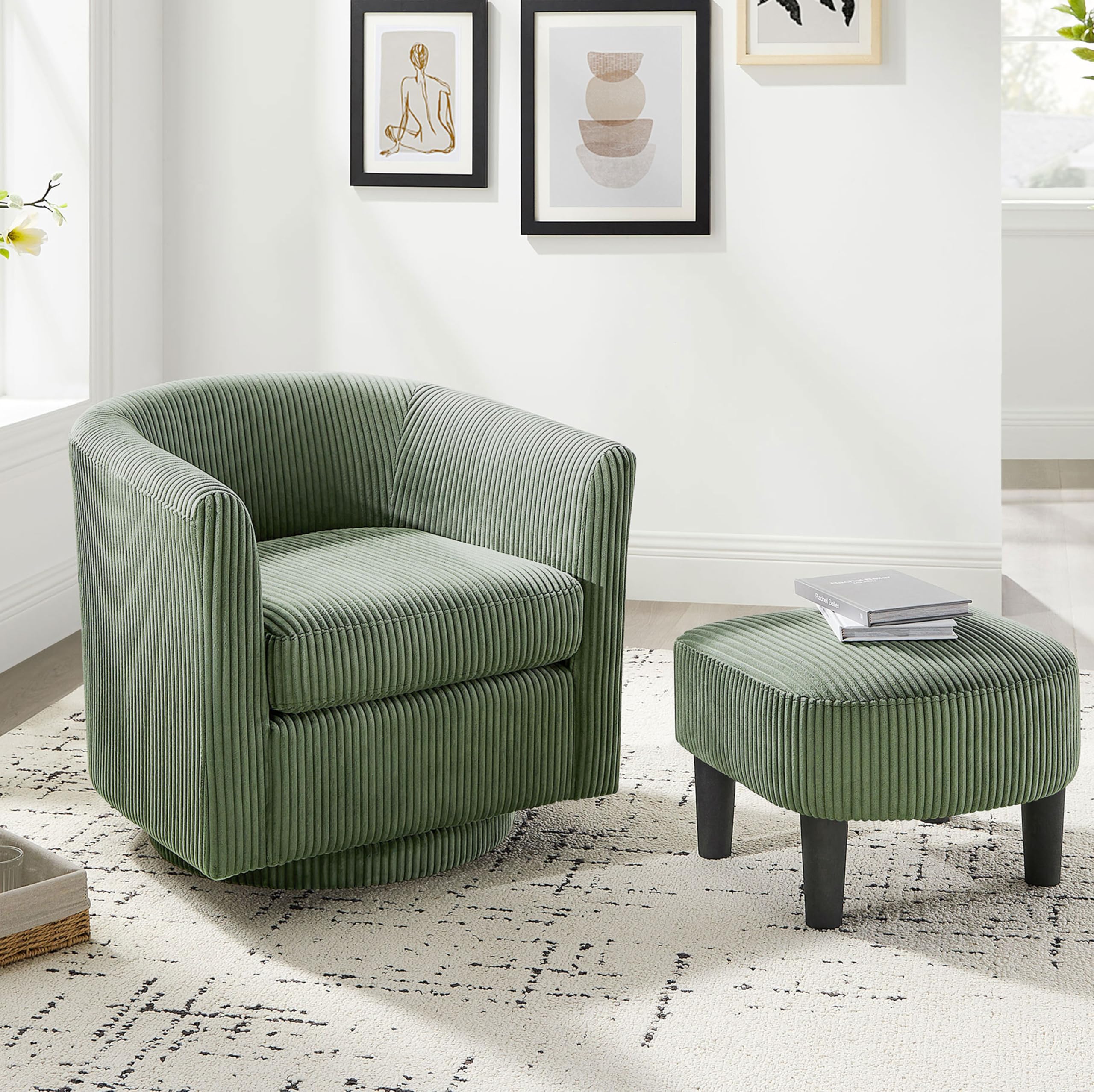 Ball & Cast Swivel Accent Chair Ottoman Set 360°Swival Comfy Recliner and Footstool, Padded Sofa Armchair with Wrap Around Backrest, Corduroy Single Sofa Side-Chair w/Stool, Green