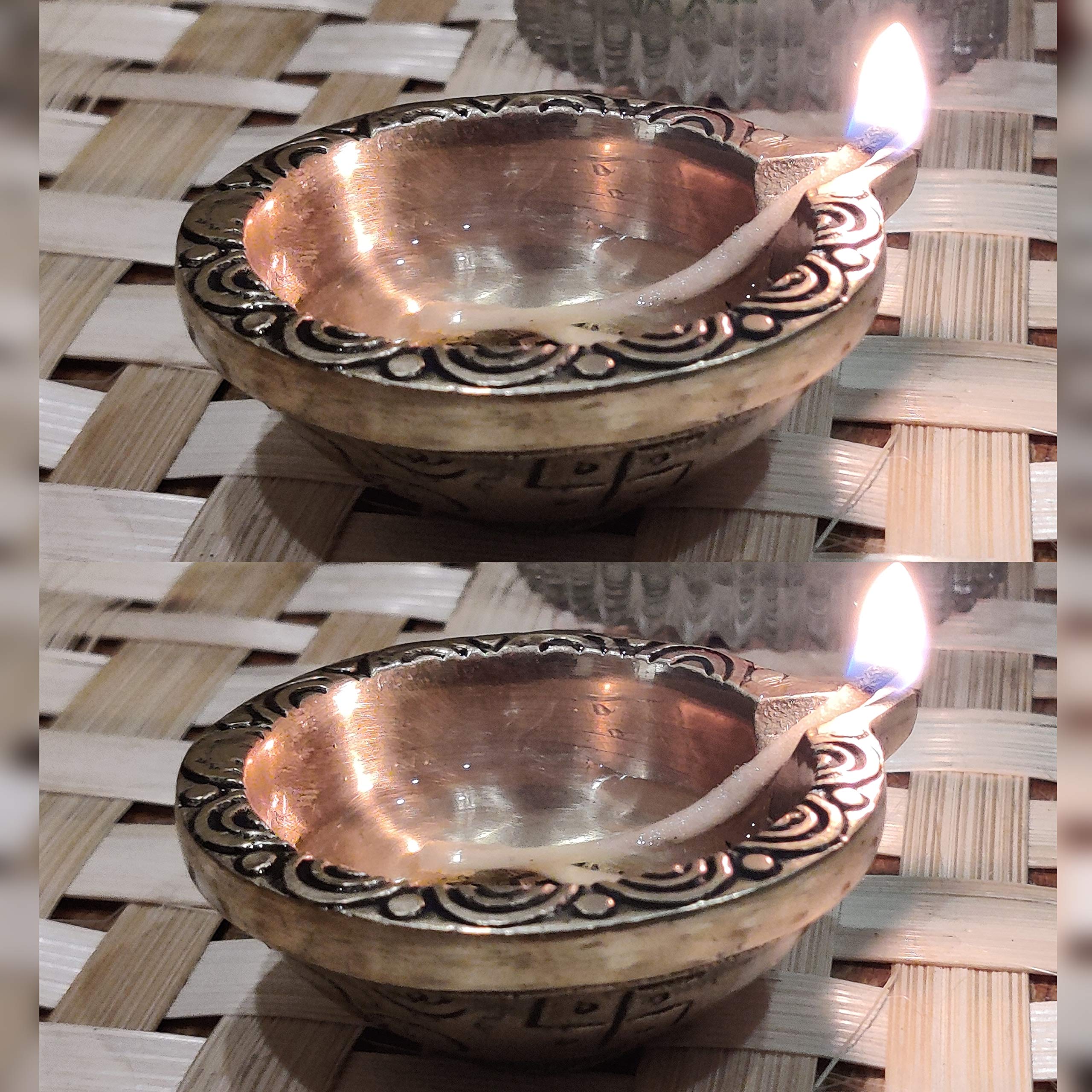 Divya Mantra Swastik Laxmi Brass Diya Indian Diwali Oil Lamp Pooja Light Puja Decorations Mandir Decoration Items Handmade Table Home Backdrop Decor Lamps Made in India Decorative Diyas - Gold (10) - Image 3 thumbnail