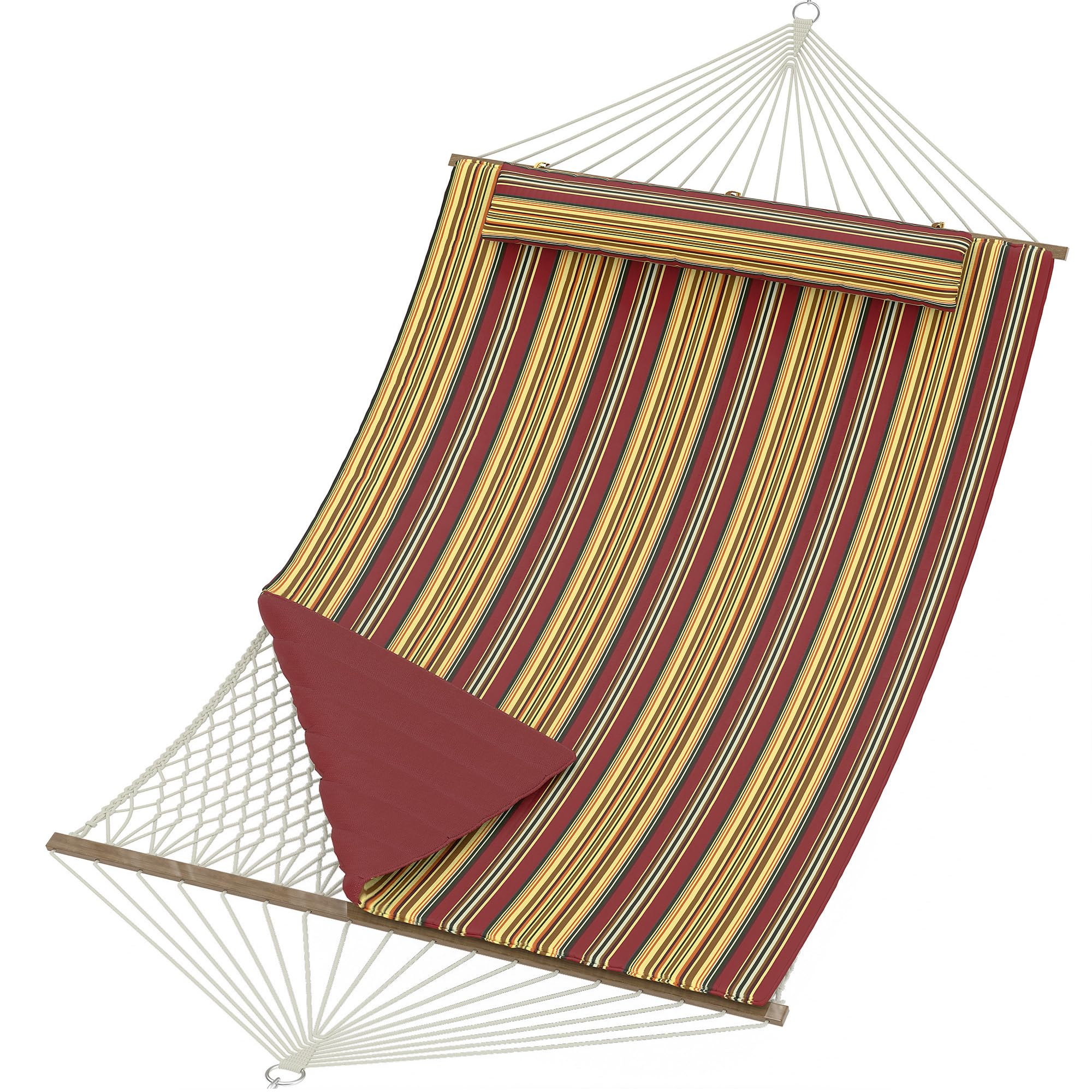 Aptliton Double Hammock, 12FT Quilted Outdoor Swing Bed for 2 People, Removable Ergonomic Pillow, Heavy Duty 450 Lbs for Patio, Garden, Backyard, Red & Yellow Stripes