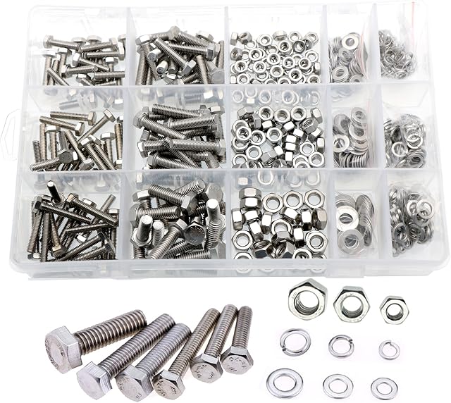 VAPKER 550 Pcs M4 M5 M6 Flat Hex Head Stainless Steel Screw Bolts Nuts Lock and Flat Gasket Washers Screws Assortment Kit