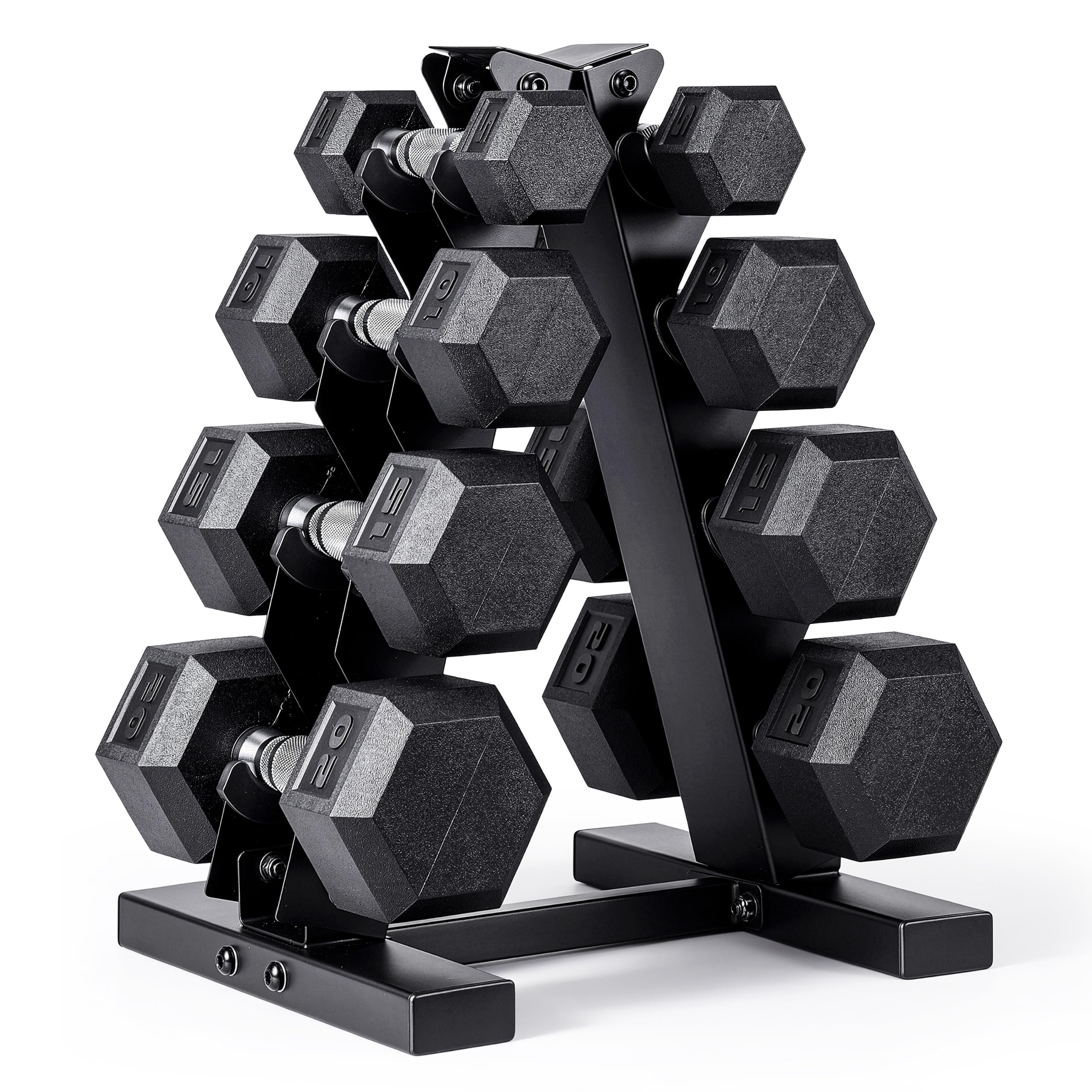 CAP Rubber Coated Hex Dumbbell Set with Storage Rack | 100–210 lb Options, Space-Saving Vertical Compact Storage for Home Gym Strength Training