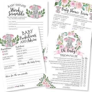 50 Pink Elephant Baby Shower Games For Girls - 4 Games Double Sided, Baby Prediction And Advice Cards, Baby Trivia, True Or False Baby Shower Game, Baby Word Scramble Baby Shower Game