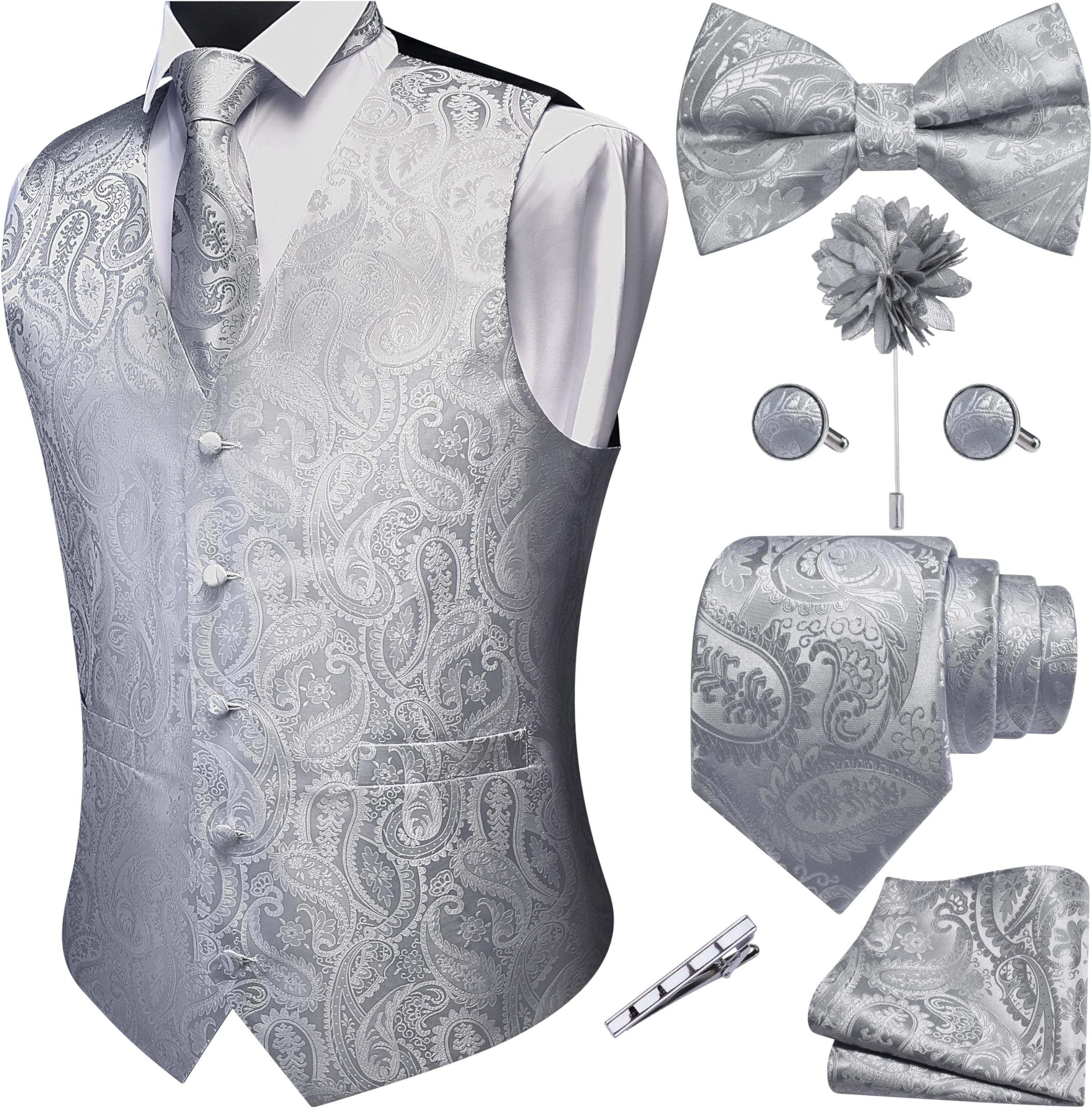 GUSLESON Men's V-Neck Suit Vests Formal Men Vest Paisley Jacquard Tie Waistcoat Bow tie Hanky Set Wedding 7PCS