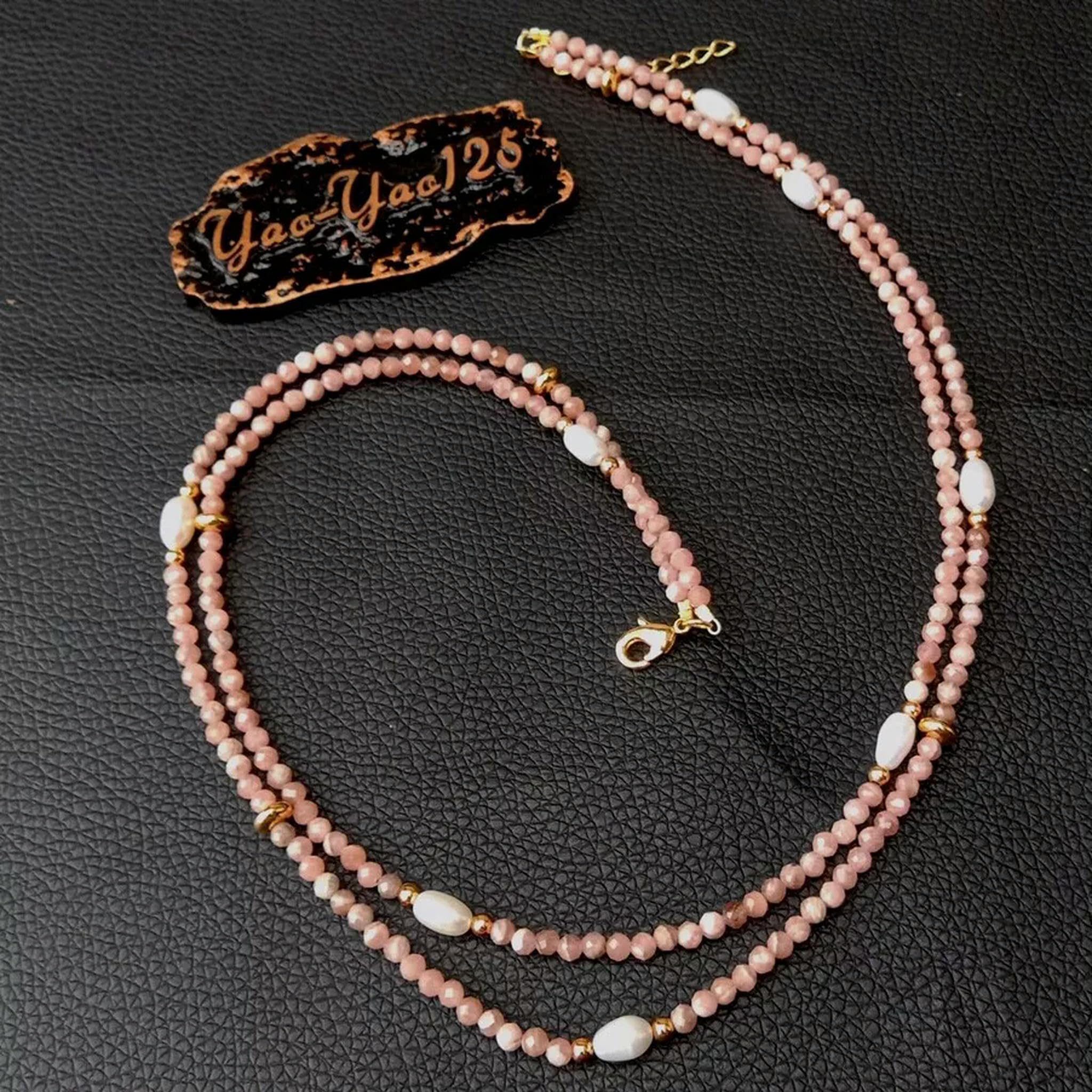 Collana di Perle di Riso Bianco coltivate con rodocrosite Rosa sfaccettata Naturale