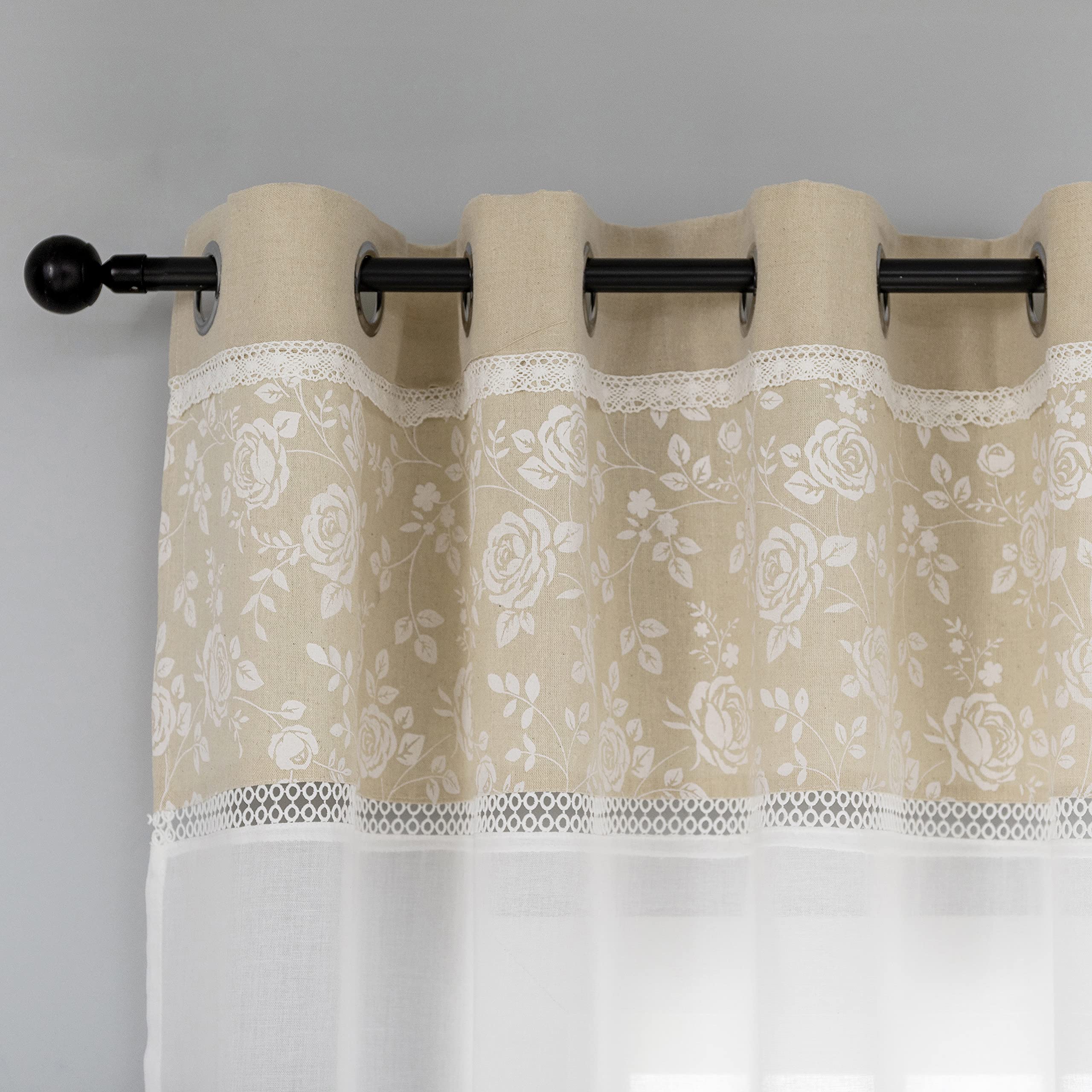 Paire de rideaux blancs semi-transparents avec ourlet supérieur beige imprimé rose, style shabby chic, pour salon, chambre à coucher, balcon, 2 panneaux avec œillets (beige, 140 x 280 cm)