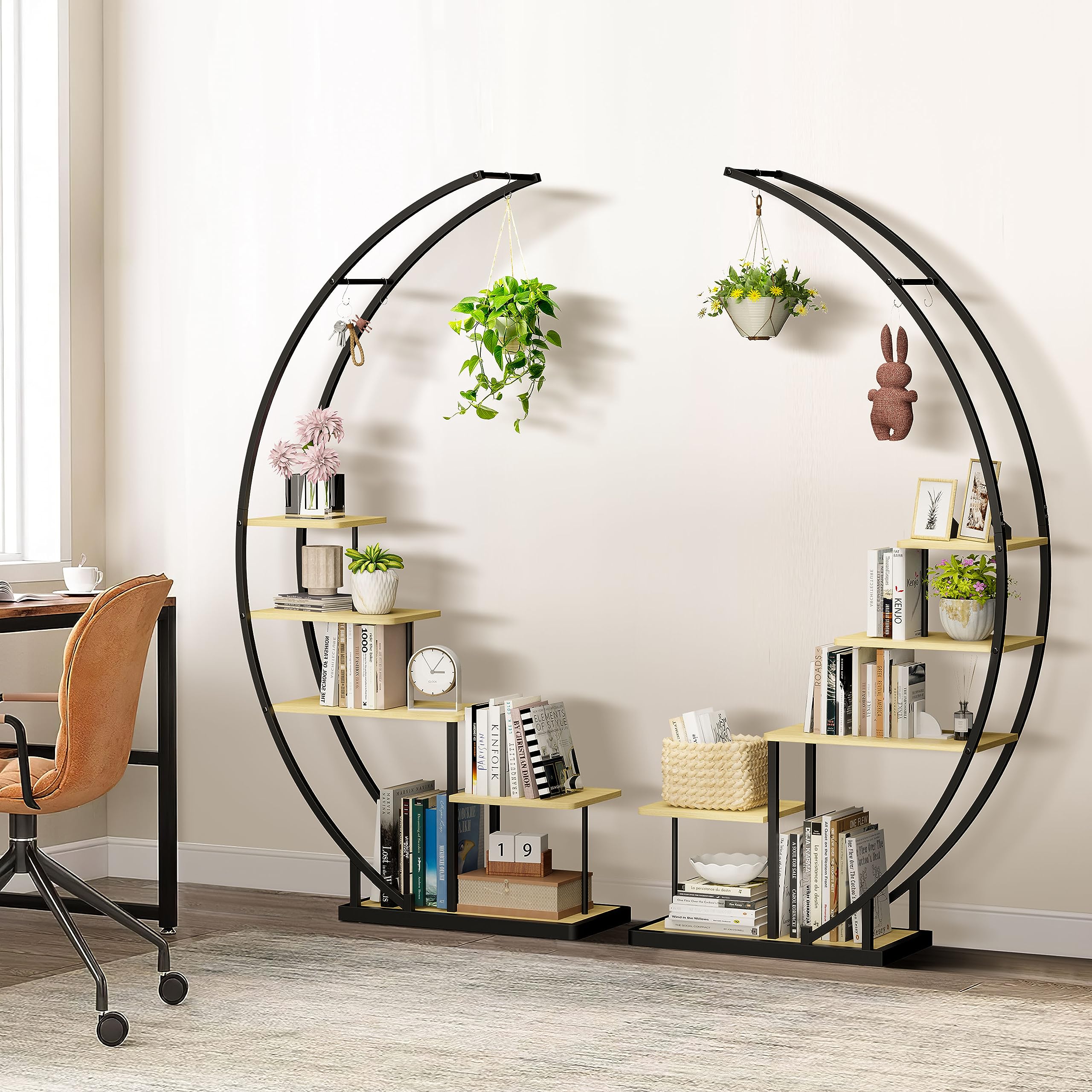 Ribelli Supporto per piante in metallo a 5 livelli, a forma di mezzaluna, 172 cm, con 5 ripiani e ganci, per piante, con protezione antiribaltamento, per balcone, soggiorno, terrazza (1 pezzo,