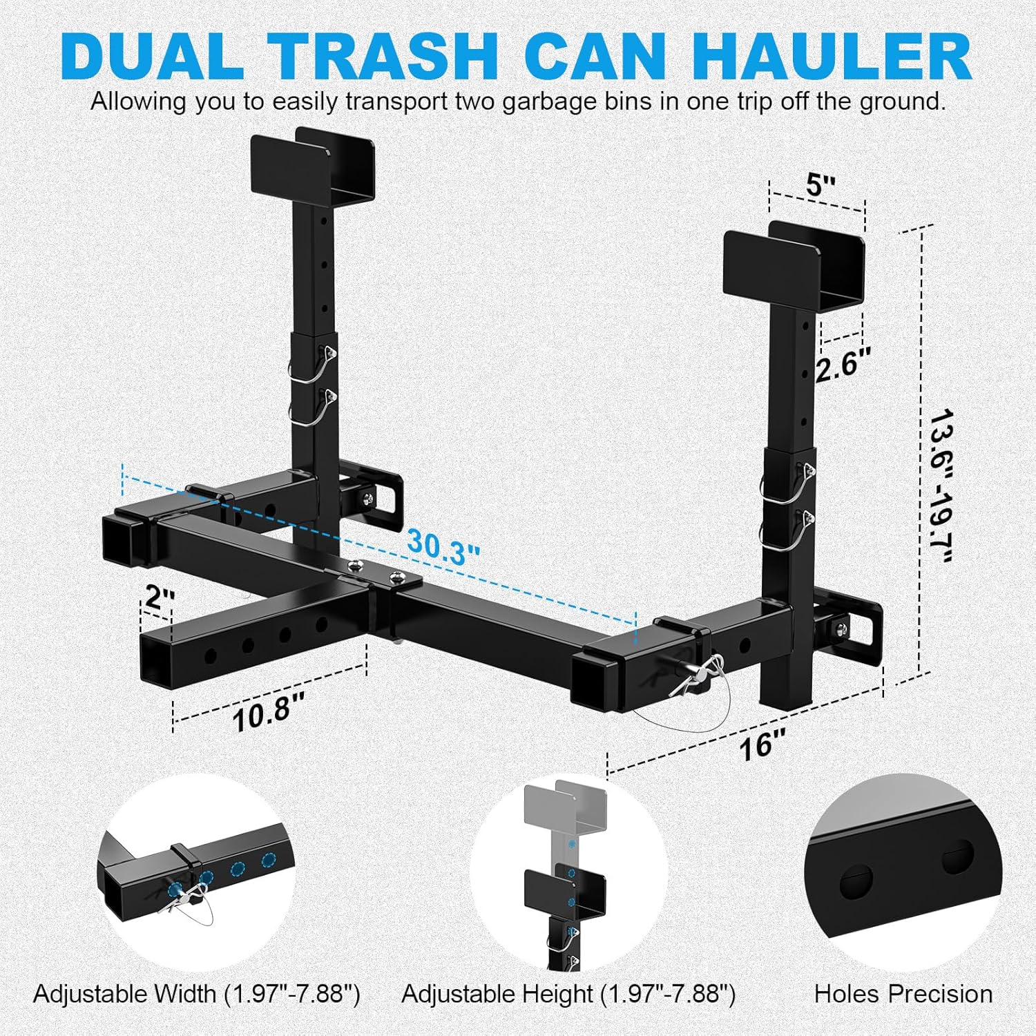 High-Loading Dual Trash Can Hauler Hitch, Trash Can Hitch Back-Up Compatible Garbage Can Towing Carrier for 2"Hitch Receiver, Garbage Can Hauler Hitch Fit Pickup Truck, Tractor, Trailer & Curbside Use
