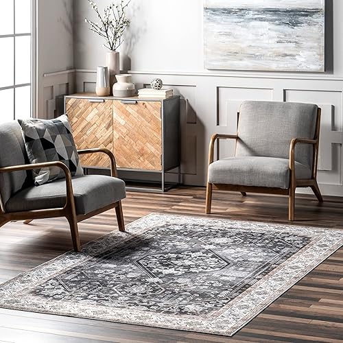 nuLOOM Devin - Alfombra vintage de medallón lavable a máquina, 8 x 10 pies, color carbón