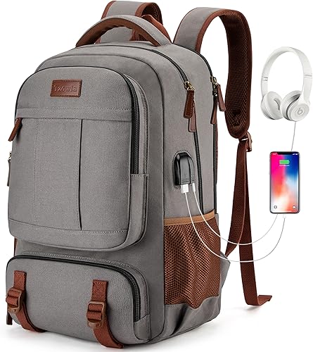 Tzowla Mochila de lona para laptop, bolsa para hombres y mujeres, mochila de viaje para laptop de 15.6 pulgadas, bolsa de libros con puerto de carga