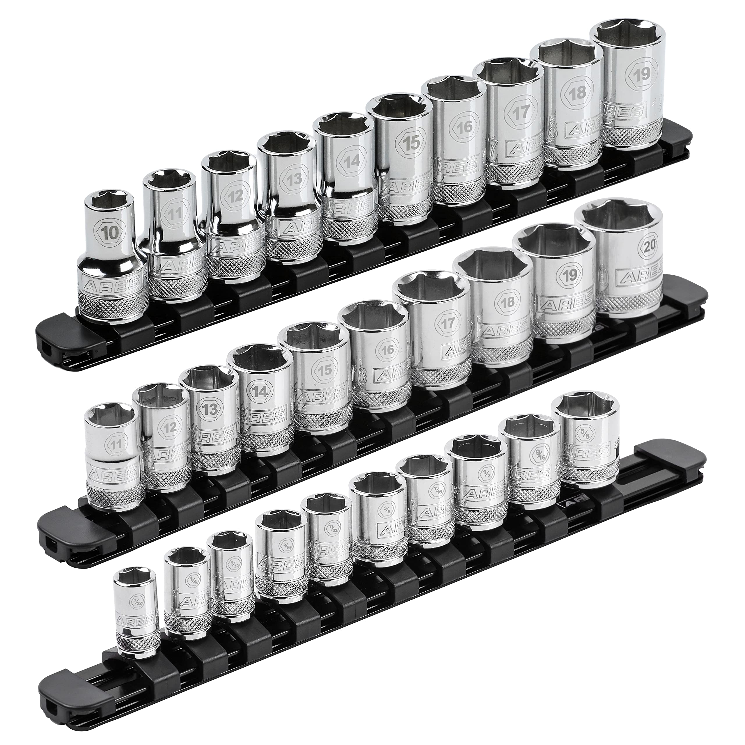ARES 60108-3-Piece Black 9.84-Inch Aluminum Socket Rail Set with Locking End Caps - Includes 1/4-Inch, 3/8-Inch, and 1/2-Inch Drive Rails - Each Aluminum Rail Stores up to 10 Sockets