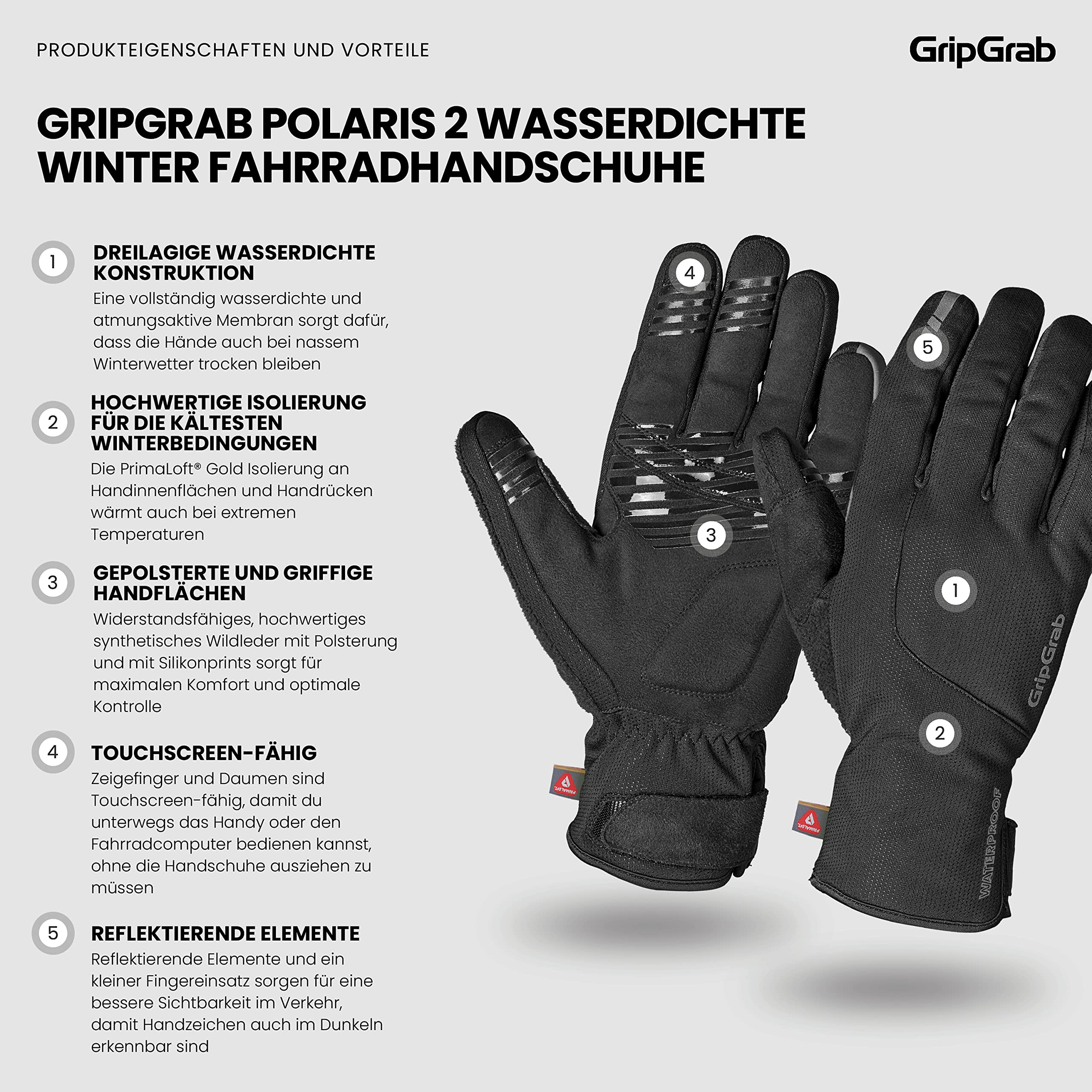 GripGrab Polaris 2 wasserdichte Winter Fahrradhandschuhe mit Primaloft | Dreilagige Membran, winddicht & atmungsaktiv - gepolsterte Synthetik-Wildleder-Handfläche - Klettverschluss - Reflektoren