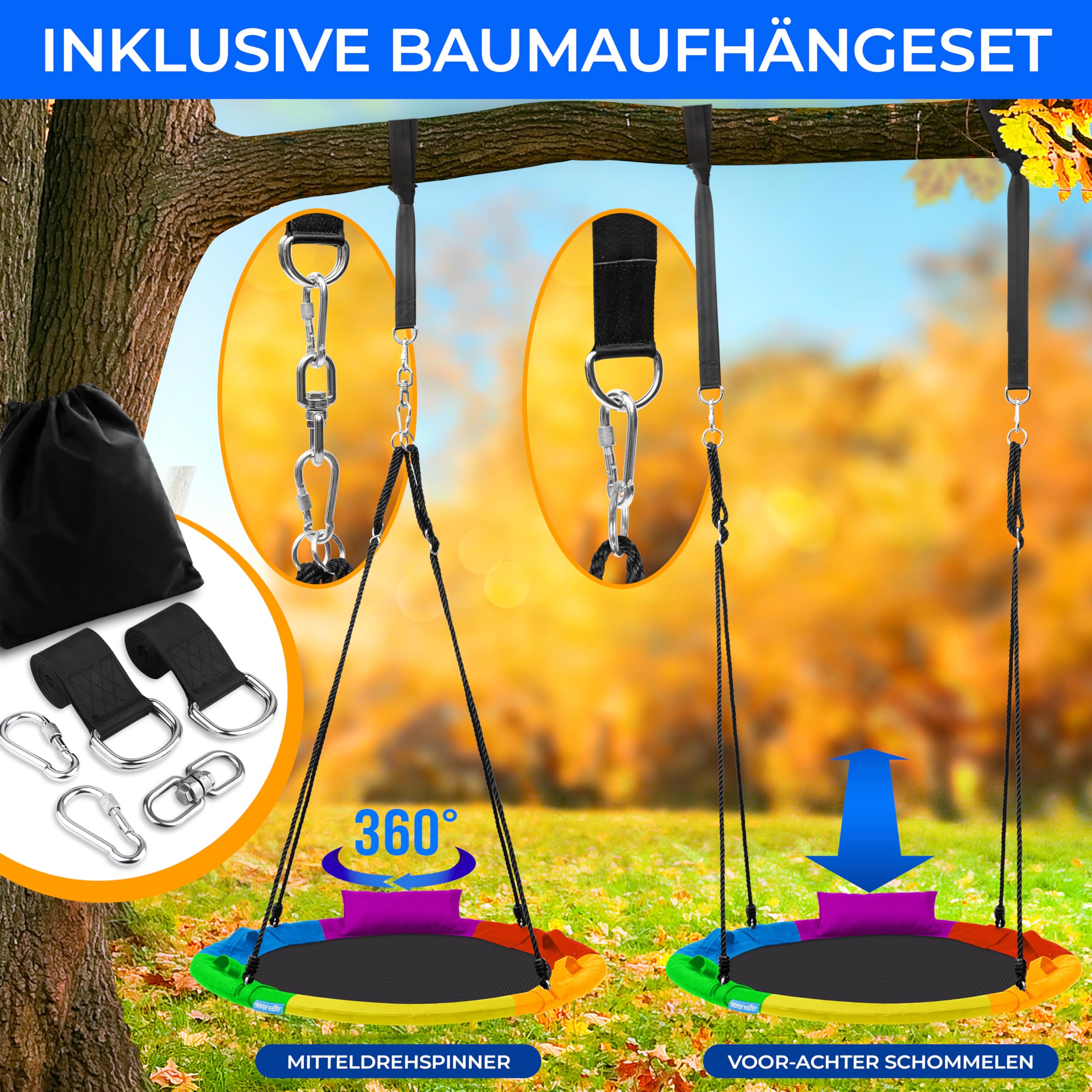 SereneLife Nestschaukel Outdoor, 101 cm Kinder Schaukel, bis 320 kg belastbar, höhenverstellbar, Baumschaukel für Garten, Kinder & Erwachsene, Regenbogen