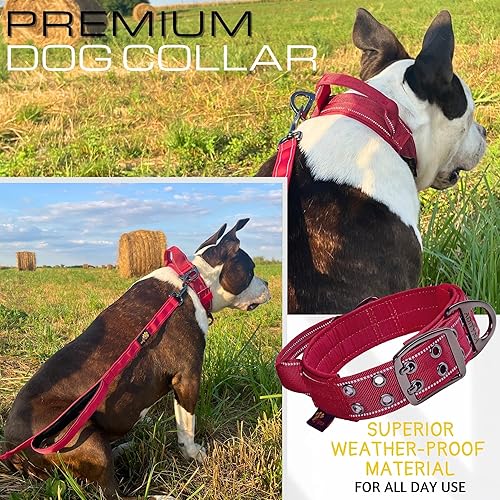 Miniatura 6 de ADITYNA Collar de perro resistente para perros grandes, collar reflectante burdeos con asa para entrenar y caminar, ancho, grueso, táctico,