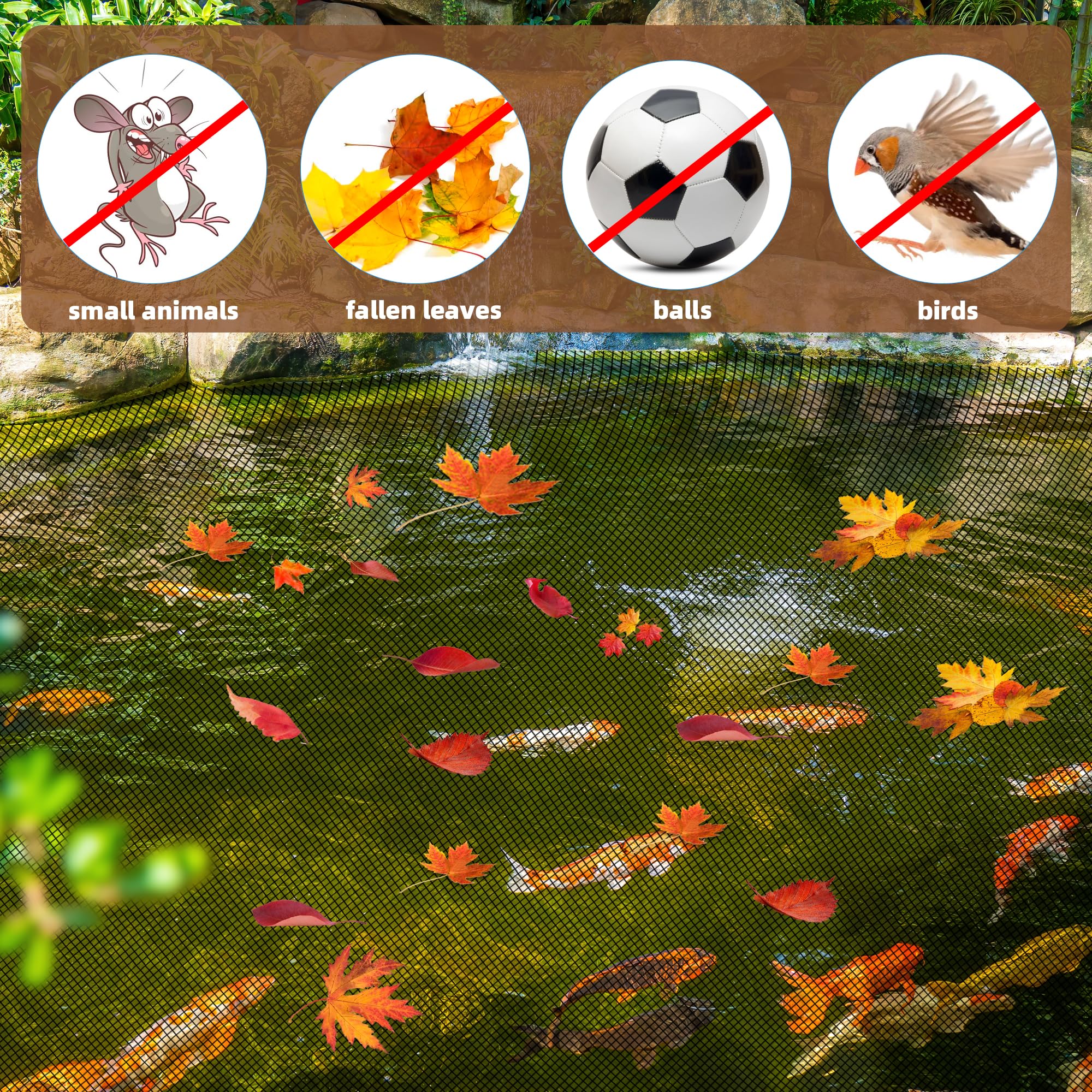 Kit de red de estanque de 10 x 10 pies y 10 x 20 pies, red de malla fina de polietileno de alta densidad resistente para estanques koi, protege a los peces de mapaches y garzas, incluye