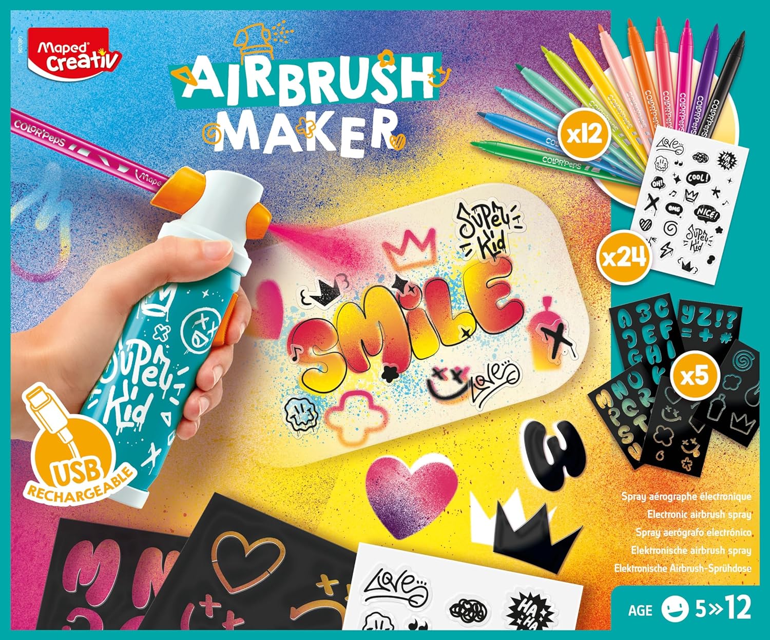 Maped Creativ - Airbrush Maker - Children's Airbrush Spray to Create Incredible Effects - Graffiti Activity - Transforms Your Felt-Tip Pens into Spray Art - Craft Kit