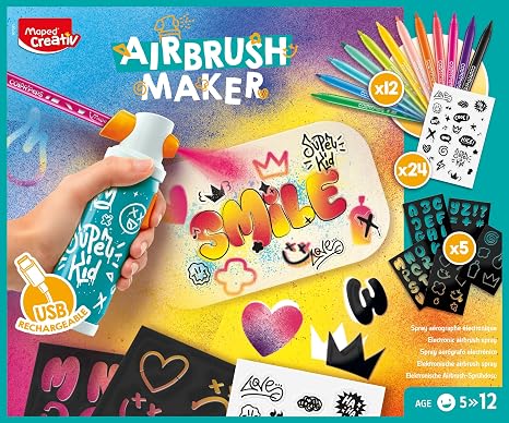 Forever Speed Kit Aérographe Électrique Enfant – 12 Feutres + 7 Pochoirs, 120 Motifs – Non Toxique, Lavable – Dès 5 Ans (Rose)