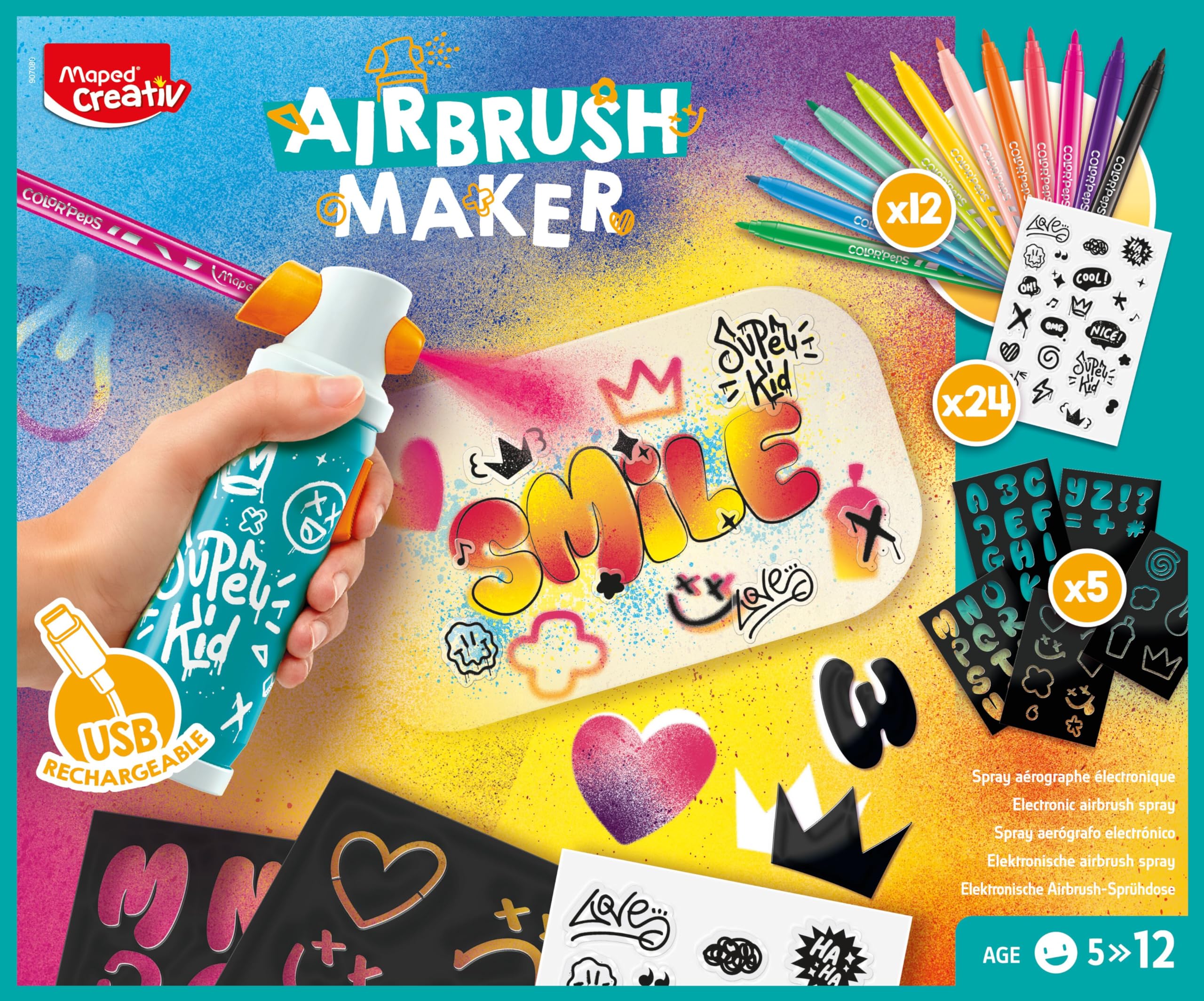 Maped Creativ - Airbrush Maker - Pulvérisateur Aérographe Enfant pour Créer des Effets Incroyables - Activité Graffiti - Transforme tes Feutres en Spray Electronique - Kit de Loisirs Créatifs