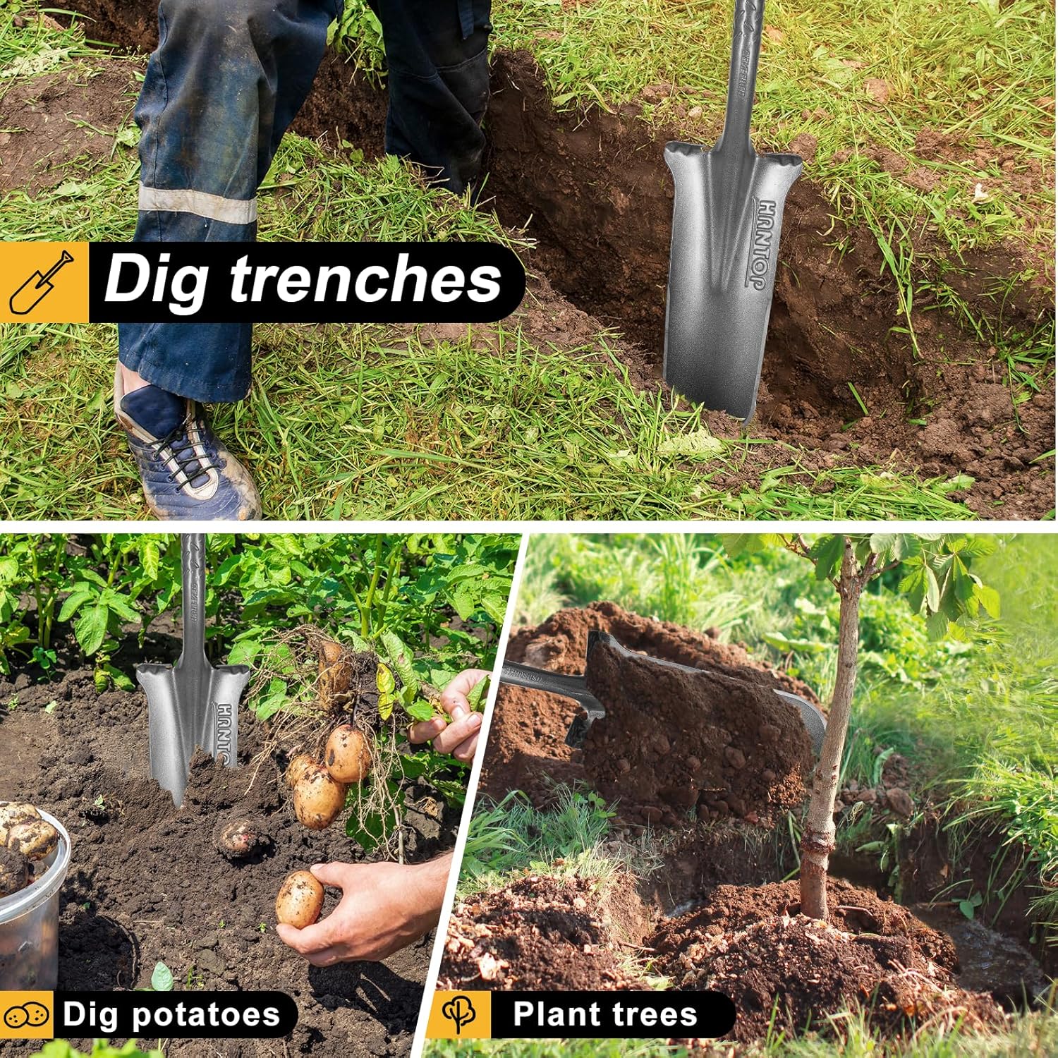 Drain Spade Digging Shovel with Wooden Handle for Trenching,Transplanting,Garden,44 inches