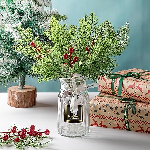 Miniatura 4 de 50 ramas de pino artificiales de Navidad con 10 tallos artificiales de bayas rojas, ramas de hojas de pino de hoja perenne de bayas rojas, agujas de