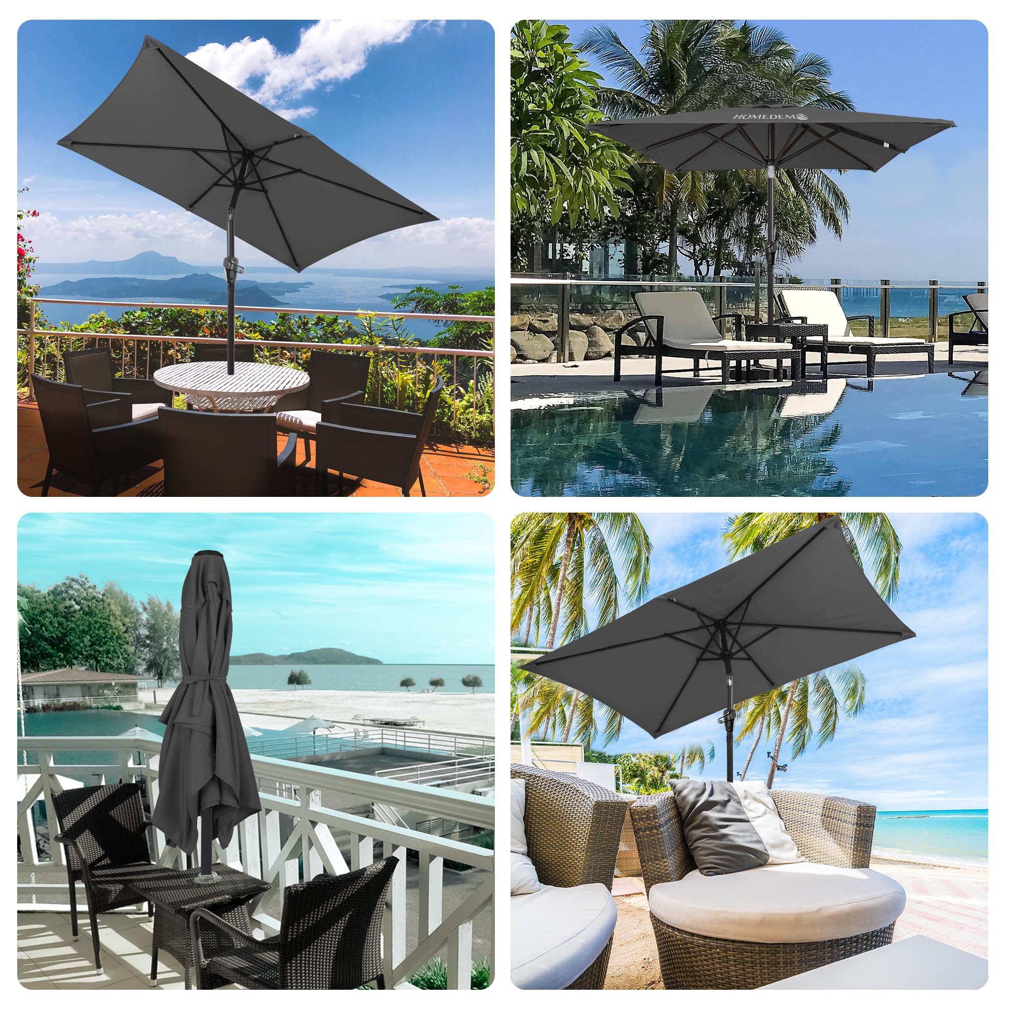 HOMEDEMO Parasol de Jardin Exterieur Inclinable Rectangulaire, Protection UV50+, pour Terrasse, Balcon, Piscine, Patio, 210x140cm Gris Foncé