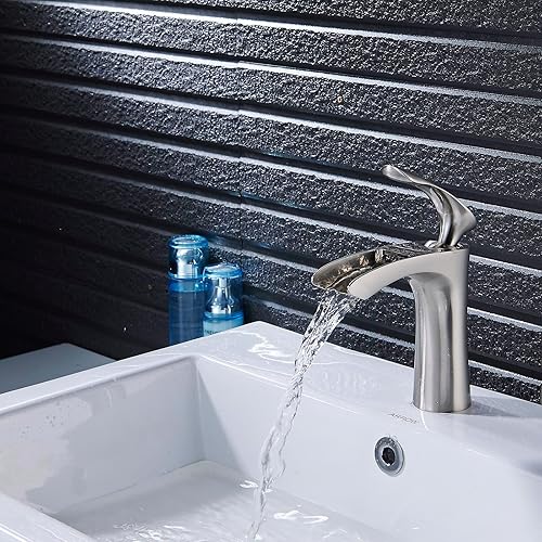 Miniatura 2 de Grifo de baño de cascada contemporáneo en acabado de níquel cepillado, mango único, instalación de fregadero de 1 orificio