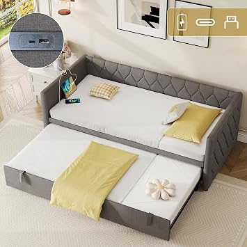 Daybed with Pull out Trundle Bed and USB & Type C Charging Sations, 3FT Single Functional Upholstered Bed 90x190 cm, Guest Sofa Beds Youth Beds For Adults Kids Teenagers, Linen, Grey, No Mattress