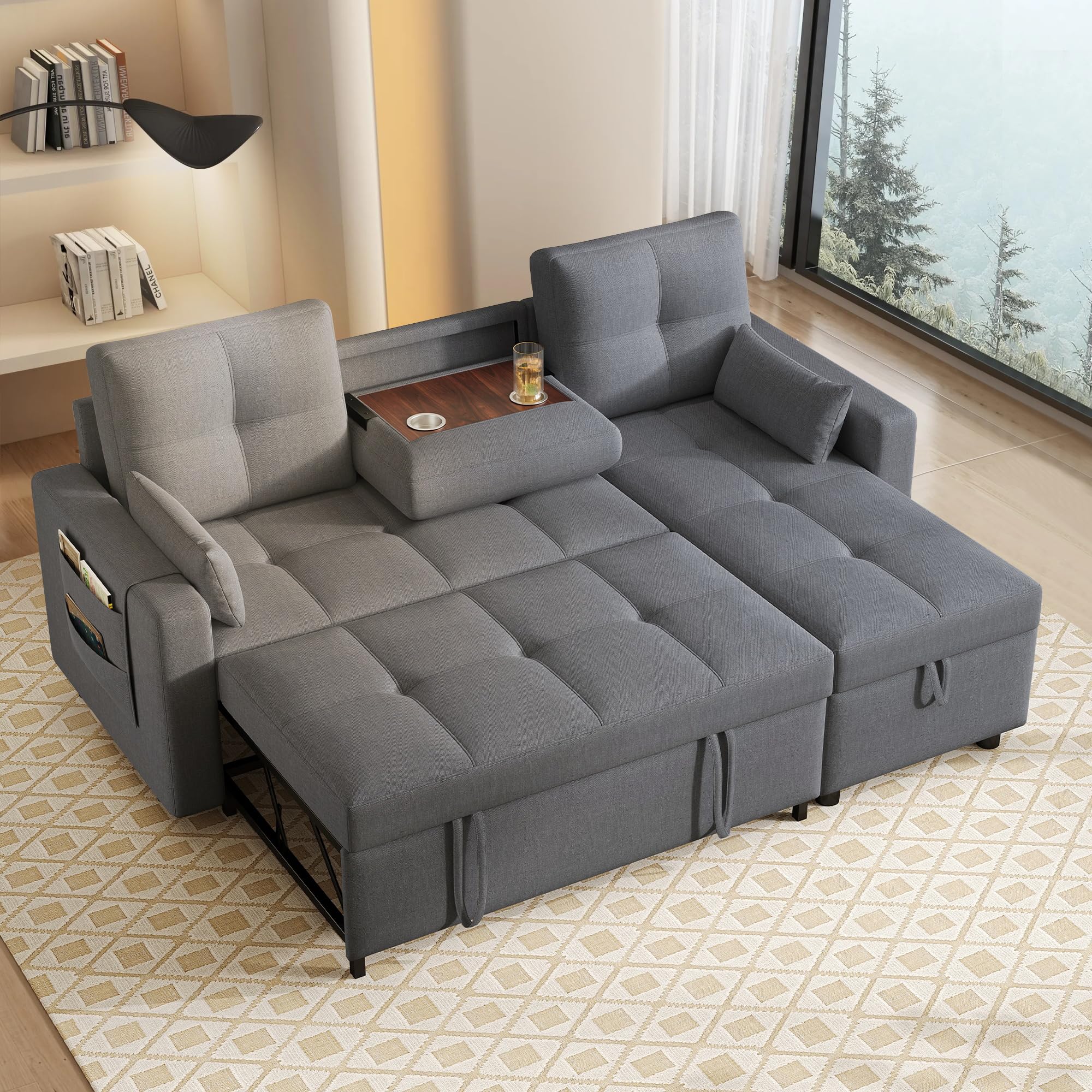 Divano angolare a L con funzione letto,Divano a 3 posti con letto estraibile e portabicchieri pieghevole,divano trasformabile con vano contenitore,tessuto di lino,per soggiorno,Grigio