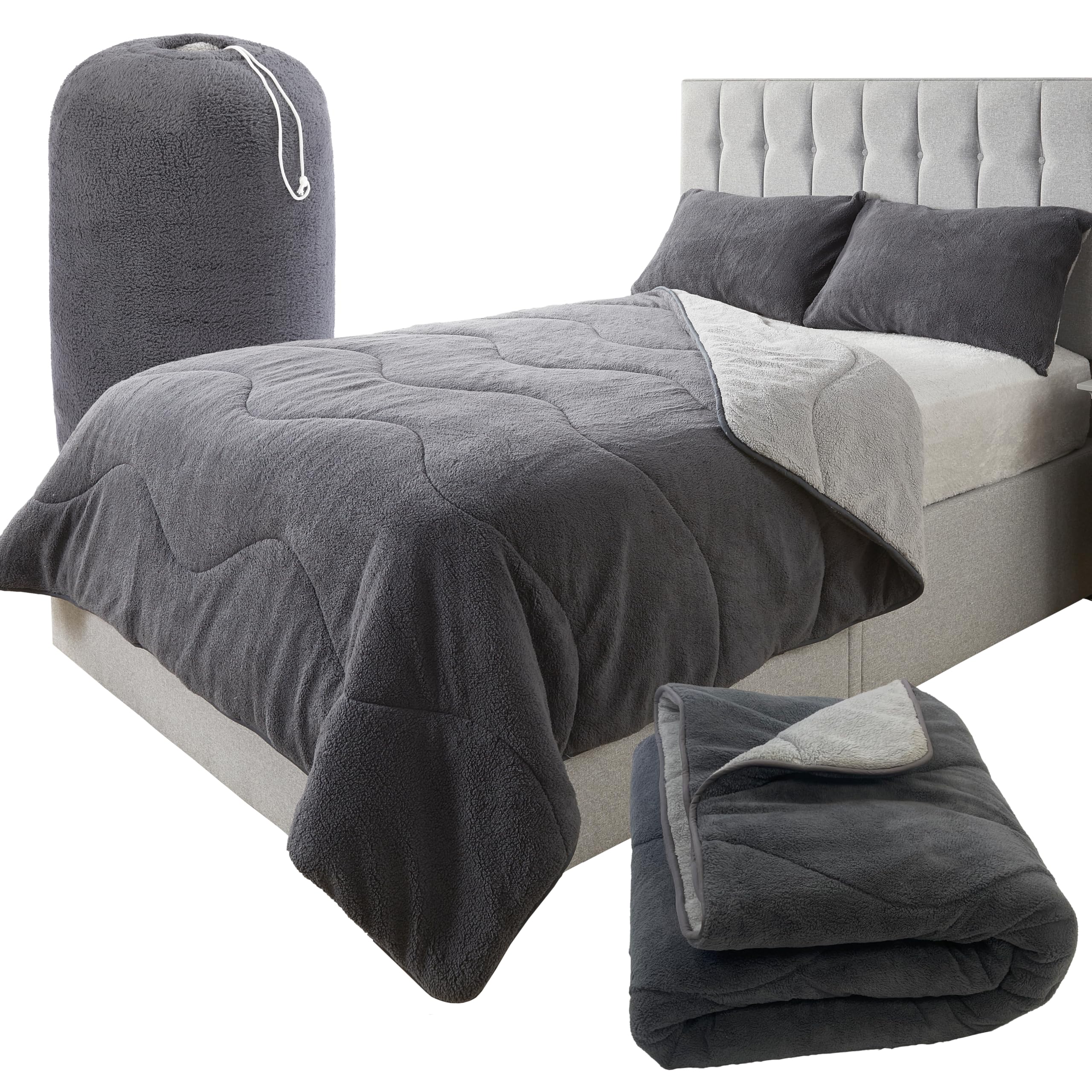 Downland Charcoal, Grey, Cream Huggleland Cosy Teddy Fleece Reversible Coverless Duvet & 1 Pillowcase - 10.5 Tog Soft Bedding Set, Lightweight All-Season Quilt With Pillowcase, Machine Washable (Single, Charcoal & Grey)