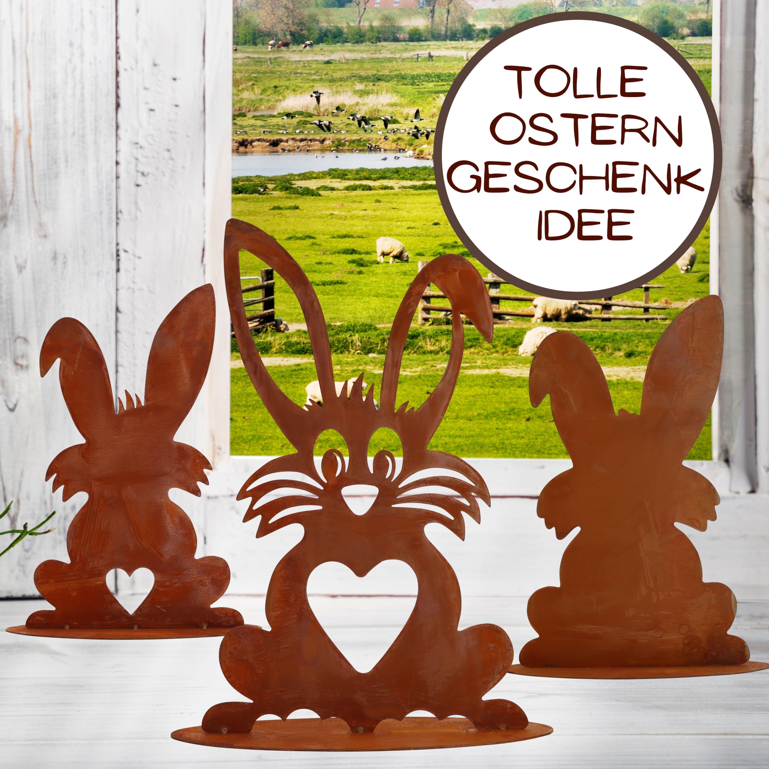 Rostikal 3er Set Osterdekoration 40 cm Osterhasen Rost Gartendeko Figuren Vintage