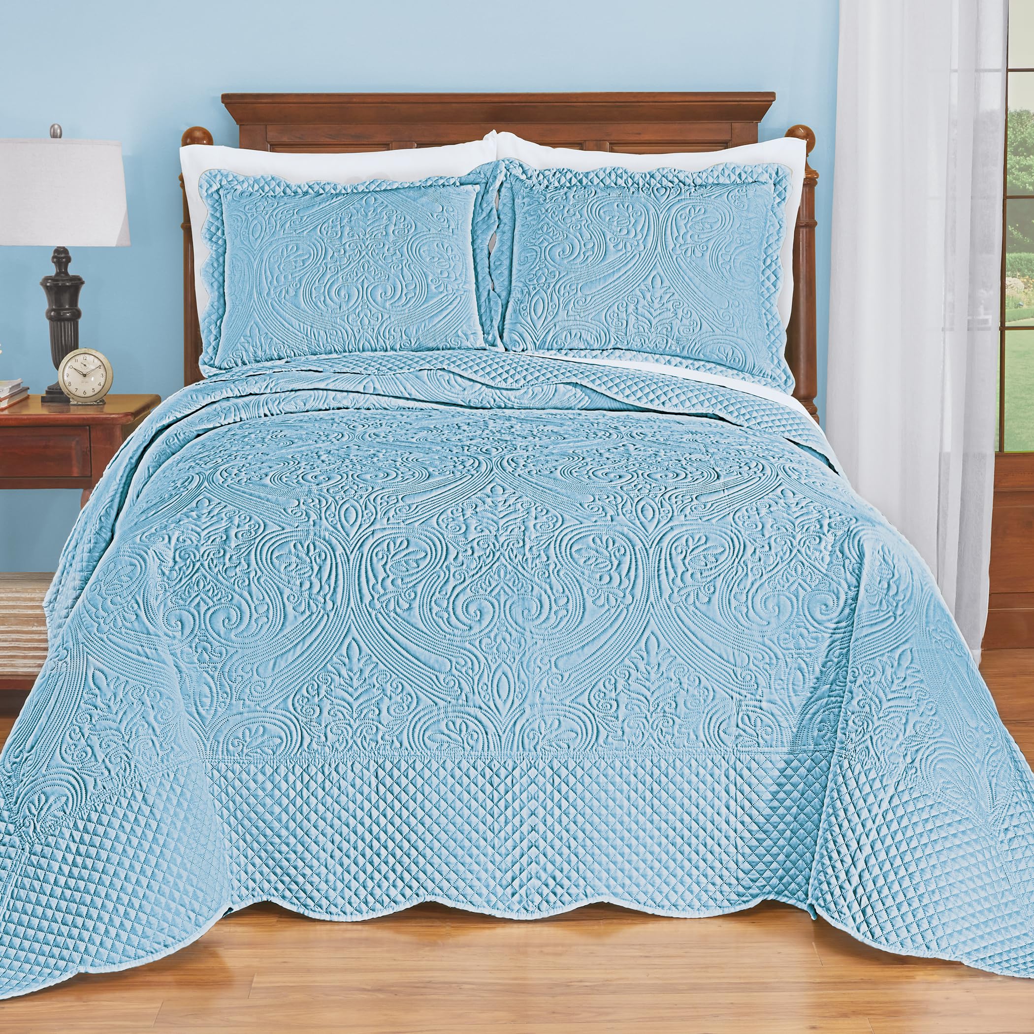 Collections Etc Luxe Textured Diamond Design Scalloped Edge Oversize Bedspread Blue Queen