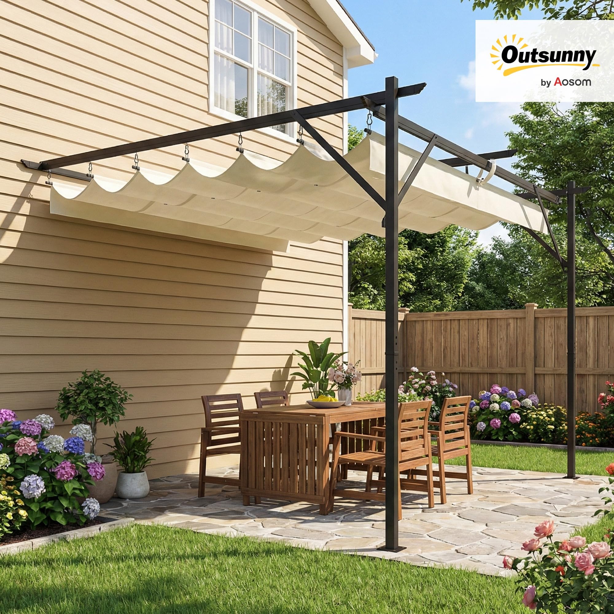 Outsunny Pérgola de Pared de Jardín 3x3 m, Cenador de Jardín con Techo Retráctil, Protección UPF30+, Orificios de Drenaje y Estructura Metálica, Pabellón para Patio, Terraza, Exterior, Blanco Crema - 2