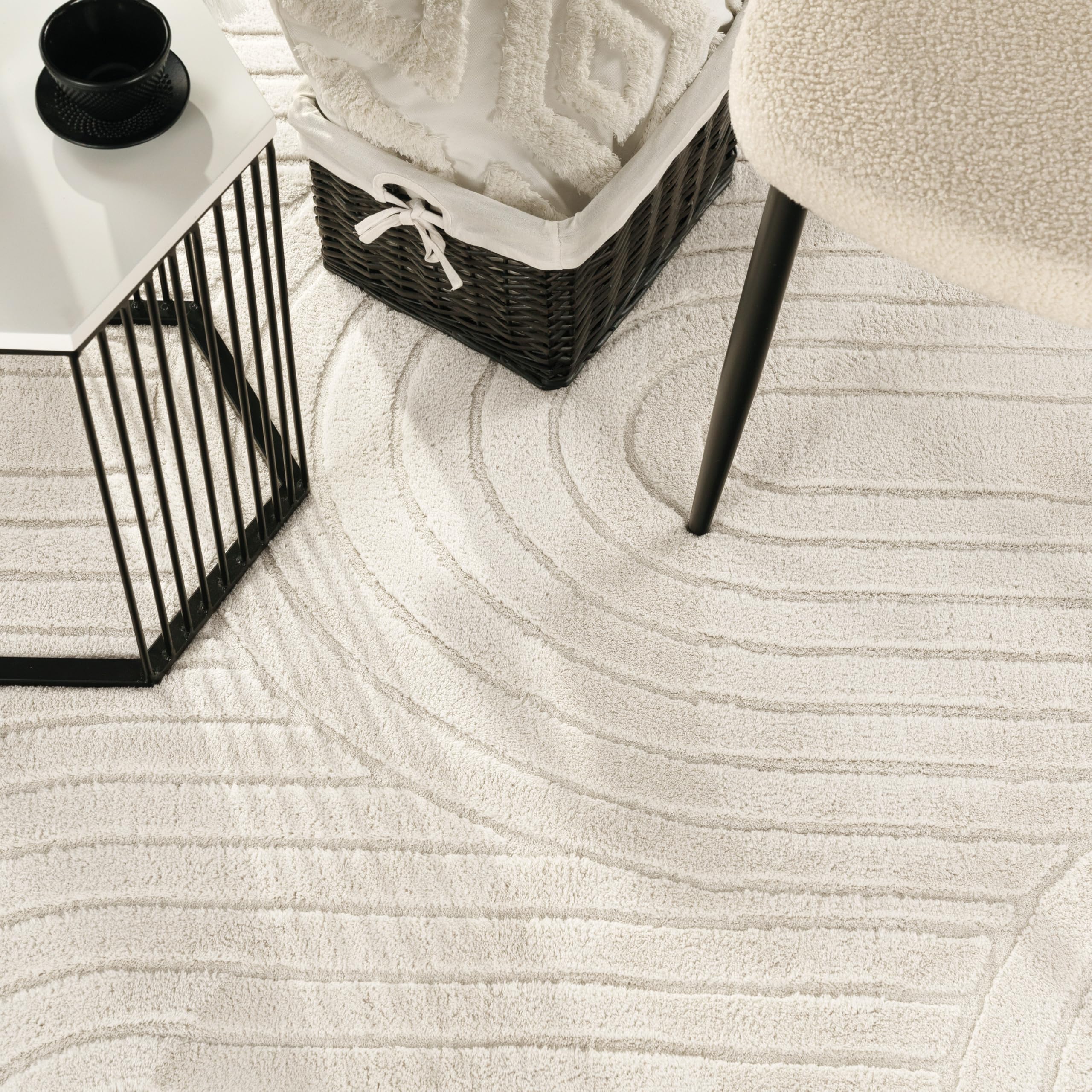 Paco Home Tapis Salon Chambre Adulte Poil Long Shaggy Motif Scandinave Motif Boho Arc-en-Ciel Lavable Beige Crème, Dimension:120x160 cm