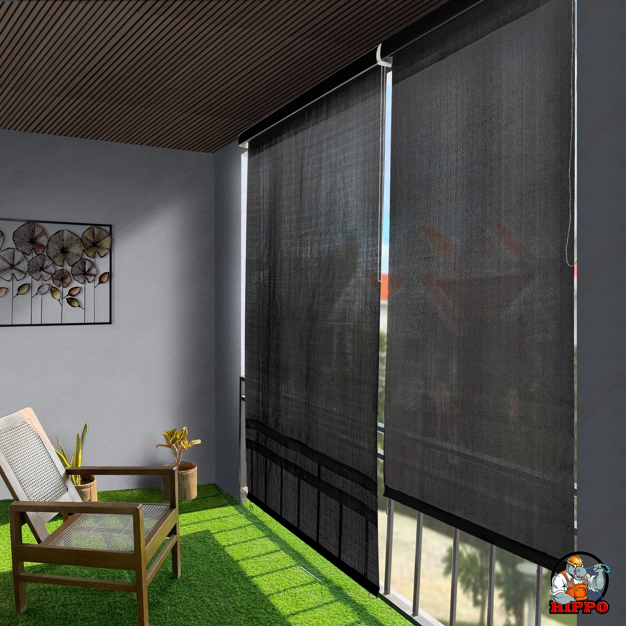 HIPPO Roller Blind Curtain for Outdoor Shade HDPE Corded 98% Sun & UV Protection, Air Flow Design, Light Filtering Balcony Roll-up Blinds (Ebony, 4FTX7FT)