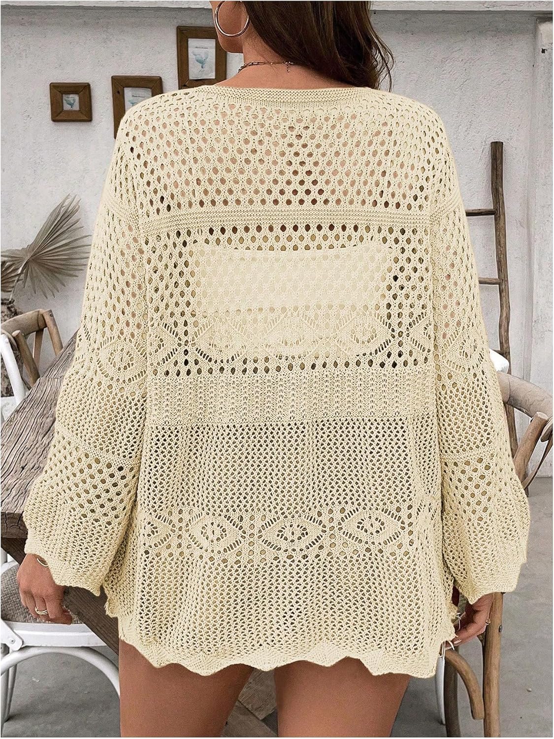 Verdusa Women's Plus Size Cardigan Bow Tie Hollow Out Cardigans Sweaters Sheer Crochet Knit Outwear - Image 2