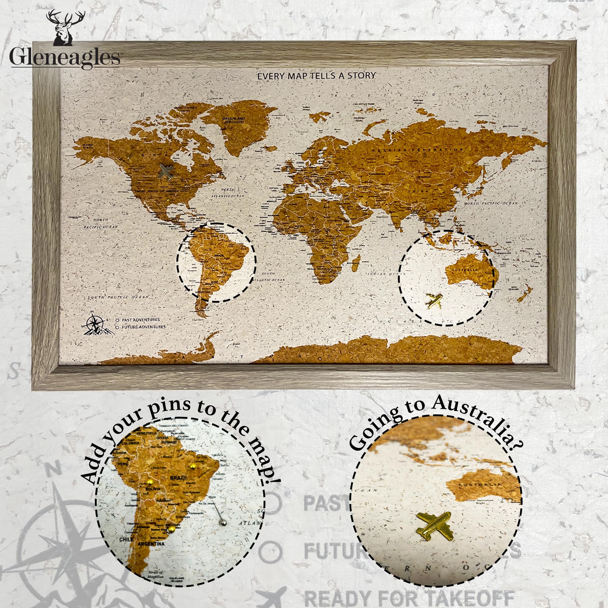 Gleneagles Weltreisekarte & Pinnwand, gerahmte Pinnwand, Kork-Holz-Design, 100 Pinnnadeln im Lieferumfang enthalten, personalisierbares Wanderlust-Dekor für Reisende (Beige)