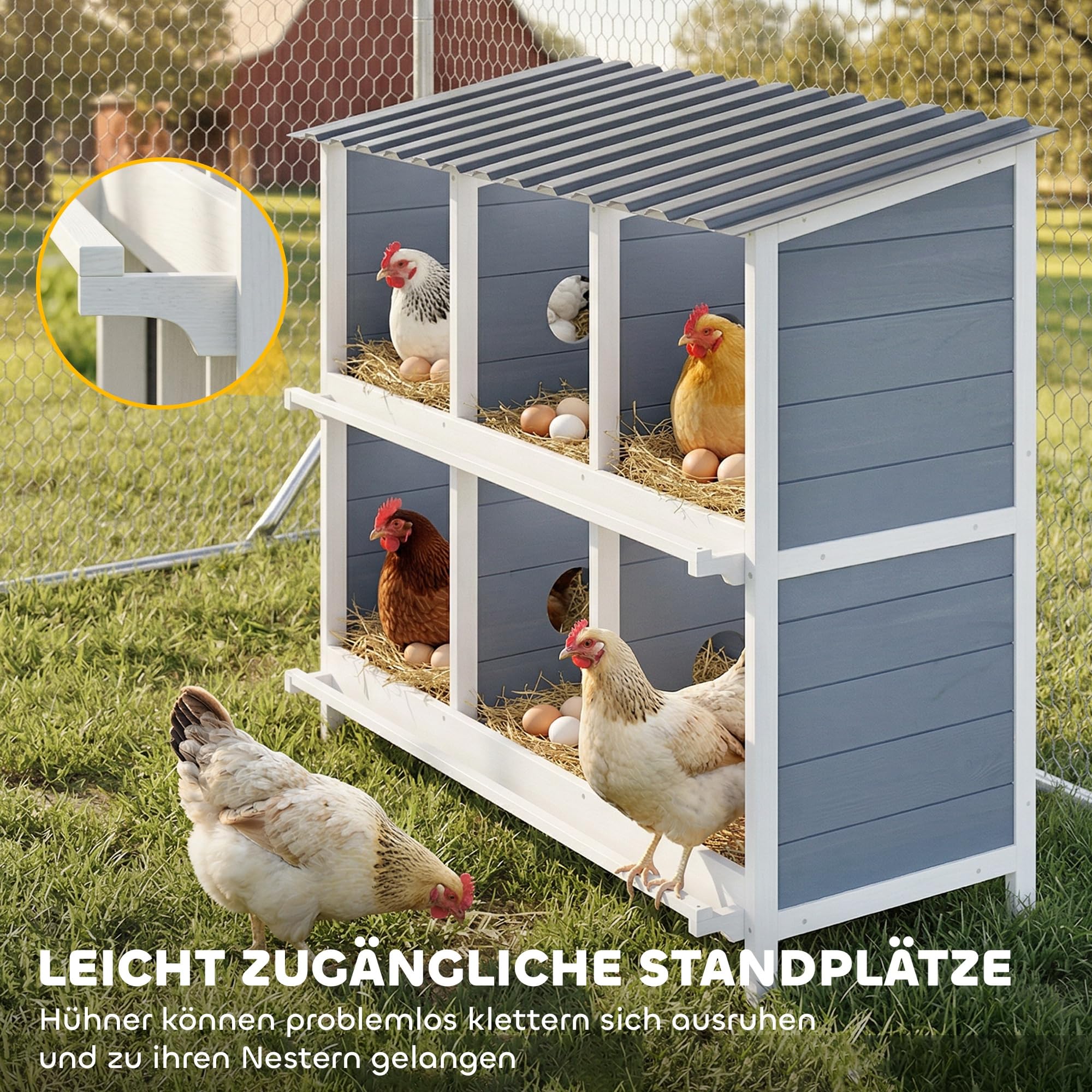 PawHut Nido para pollos, 6 compartimentos, 2 perchas 102 x 50 x 91 cm, color gris | Nido de pollo de madera resistente a la intemperie, techo de PET elevado para animales pequeños
