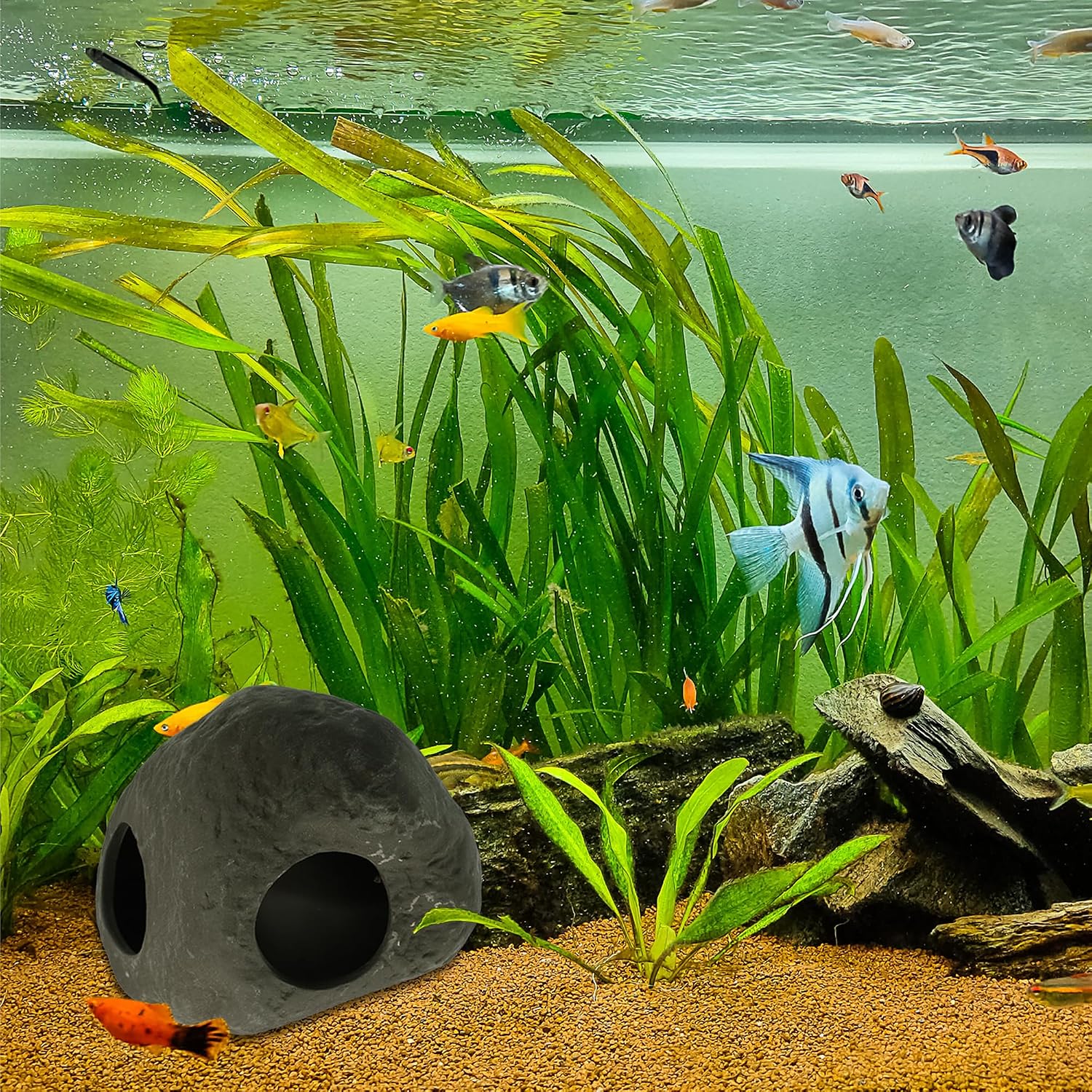 Aquarium Decorations Hideaway Rock Cave, Ceramic Fish Tank Decoration Stone for Aquatic Pets to Breed Plays Rest, 5.24x3.82x2.95 Inch(Brown)