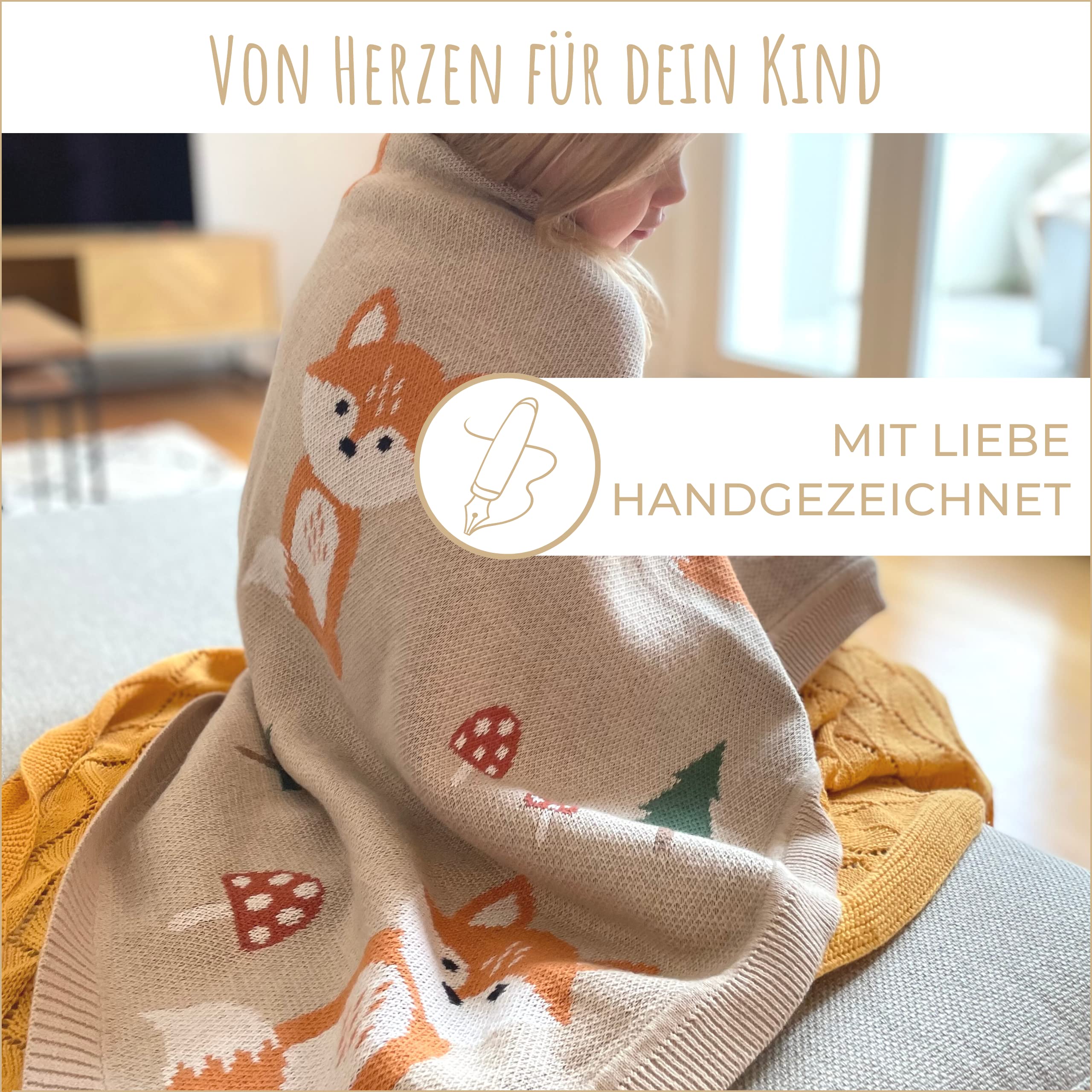Hochwertige Bio Babydecke Baumwolle Beige Fuchs - 100% GOTS Bio-Baumwolle - 80x100 cm - herrlich weich | Babydecke Mädchen Junge | Baby Wolldecke | Kuscheldecke | Baby-Geschenk zur Geburt