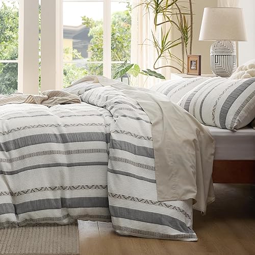 Miniatura 8 de Bedsure Juego de funda de edredón tamaño King, con textura, tejido gofre, 100% algodón, estilo bohemio, 2 fundas de almohada, color blanco crema,