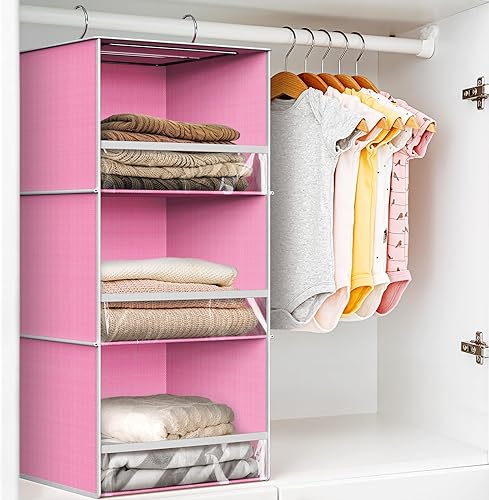 Miniatura 5 de Simple Houseware Organizador de armario colgante de 3 estantes con tapón frontal, rosa