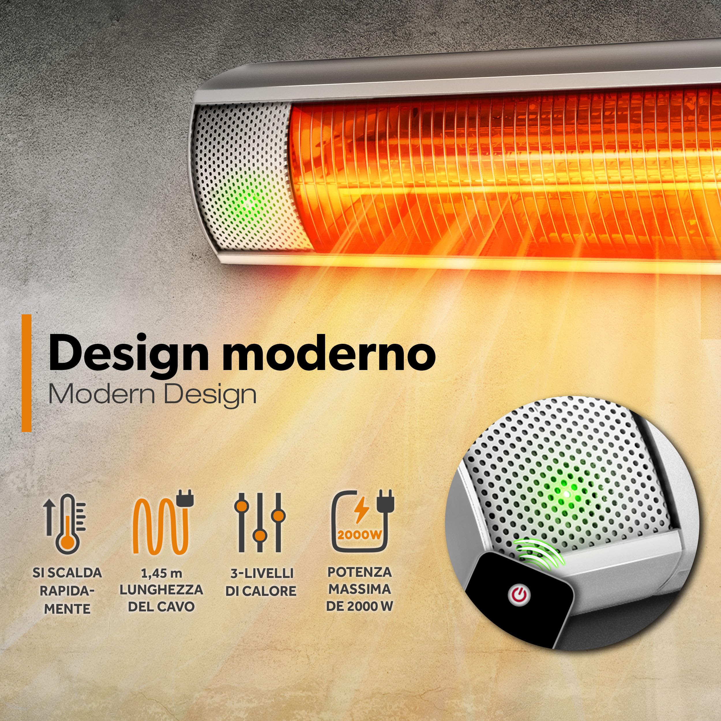TRESKO Stufa a Infrarossi 2000W Telecomando 3 Livelli Calore Riscaldatore Patio Interno Esterno Parete Quarzo Argento