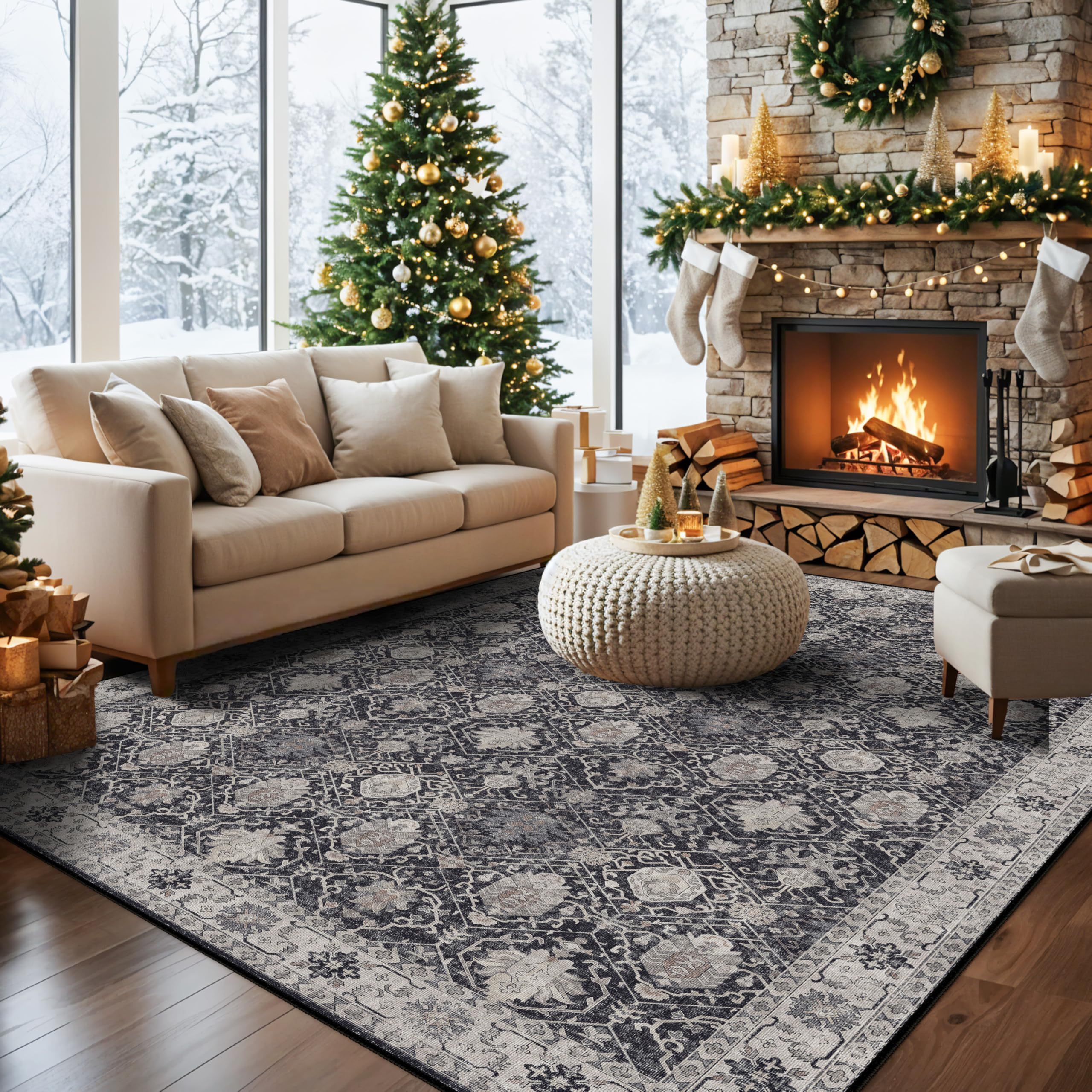 Washable 8x10 Living Room Rug: Vintage Low Pile Water Resistant Area Rug with Non-Slip Backing for Bedroom Dining Room Distressed Carpet for Nursery Indoor Soft Floor Mat for Home Office (8x10 Black)