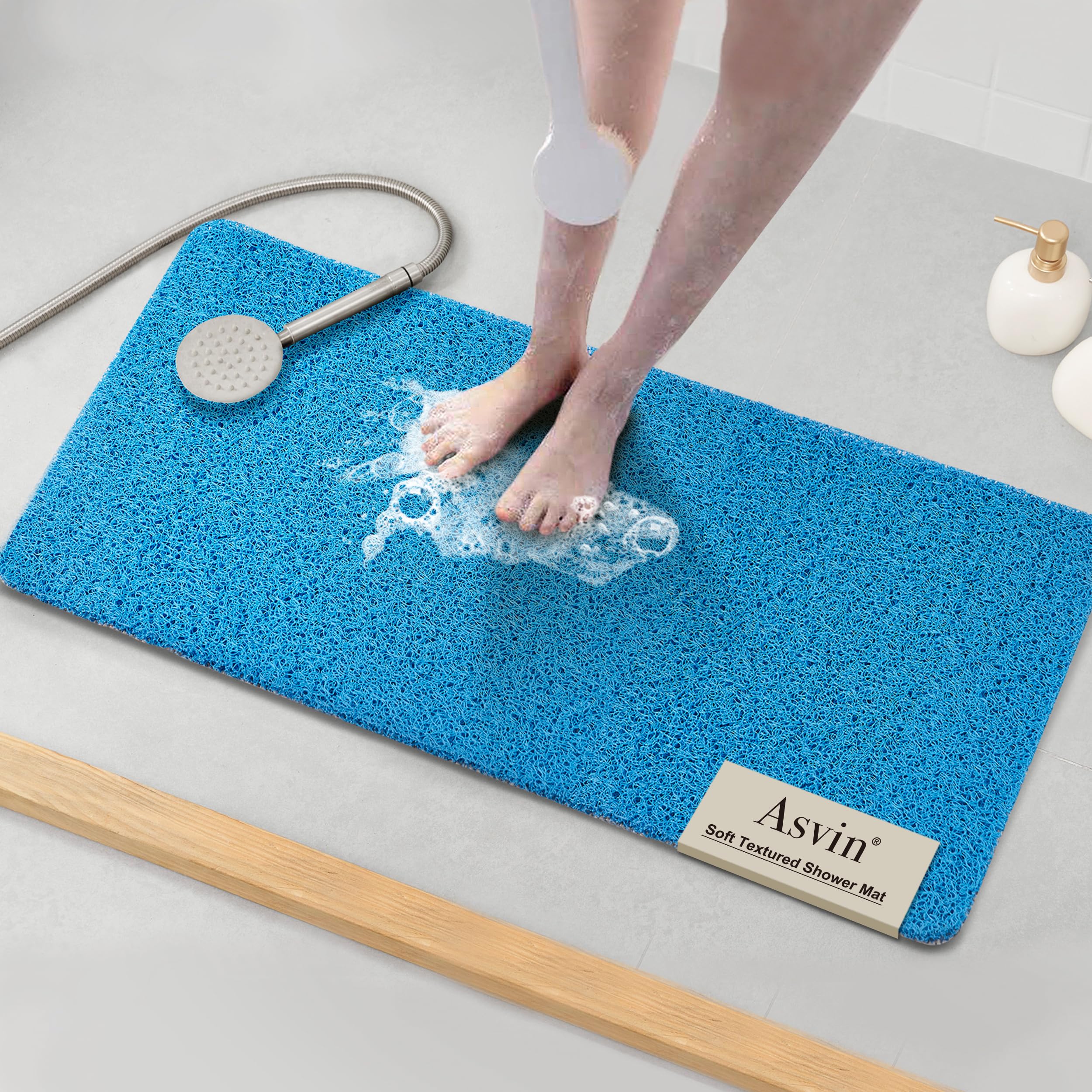 Asvin Soft Textured Bath, Shower, Tub Mat, 35x16 Inch, Phthalate Free, Non Slip Comfort Bathtub Mats with Drain, PVC Loofah Bathroom Mats for Wet Areas, Quick Drying