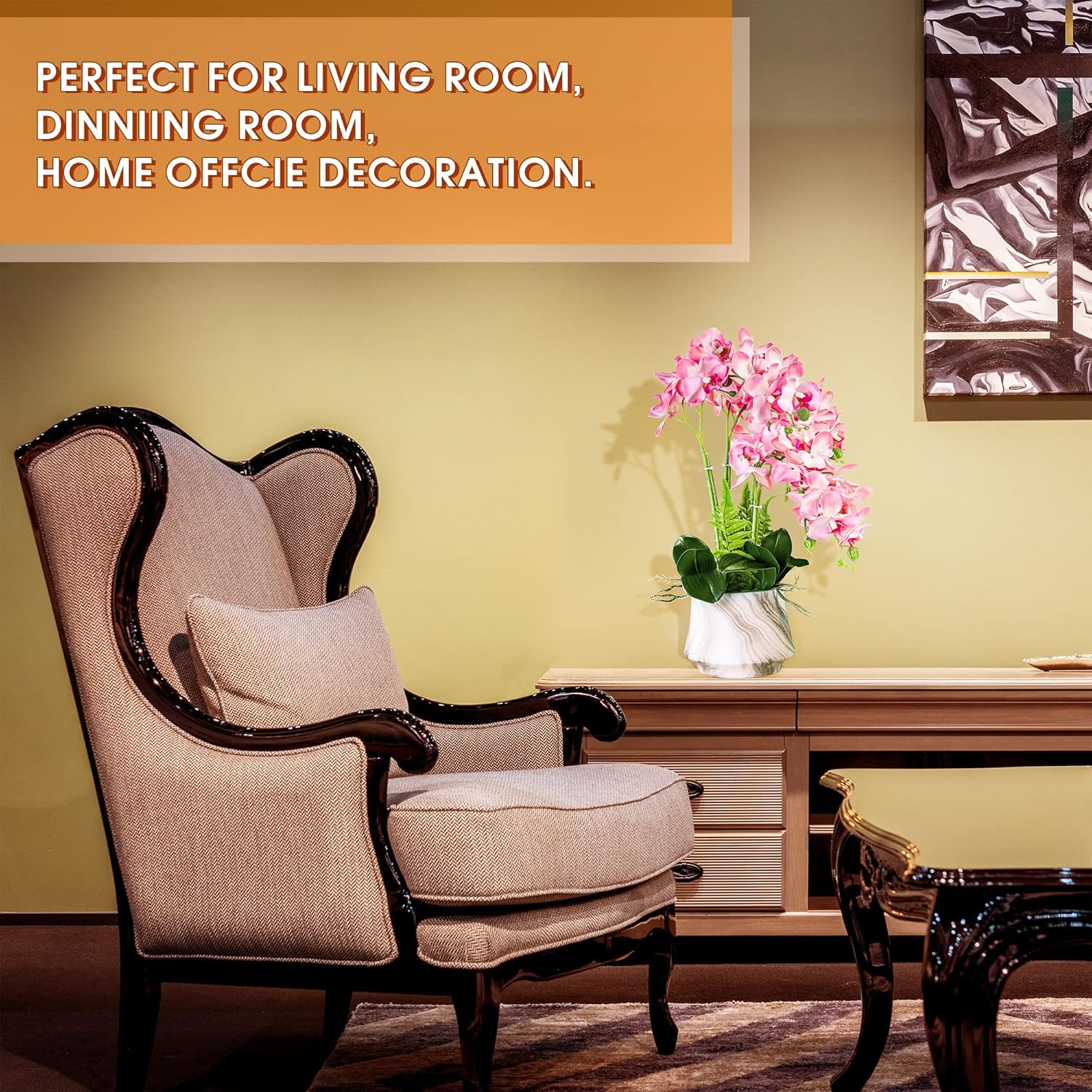 W&W Artificial Orchid Plants and Flowers with Vase, Fake Faux Silk Orchid in Ceramic Pot, 24'', Pink - Image 5