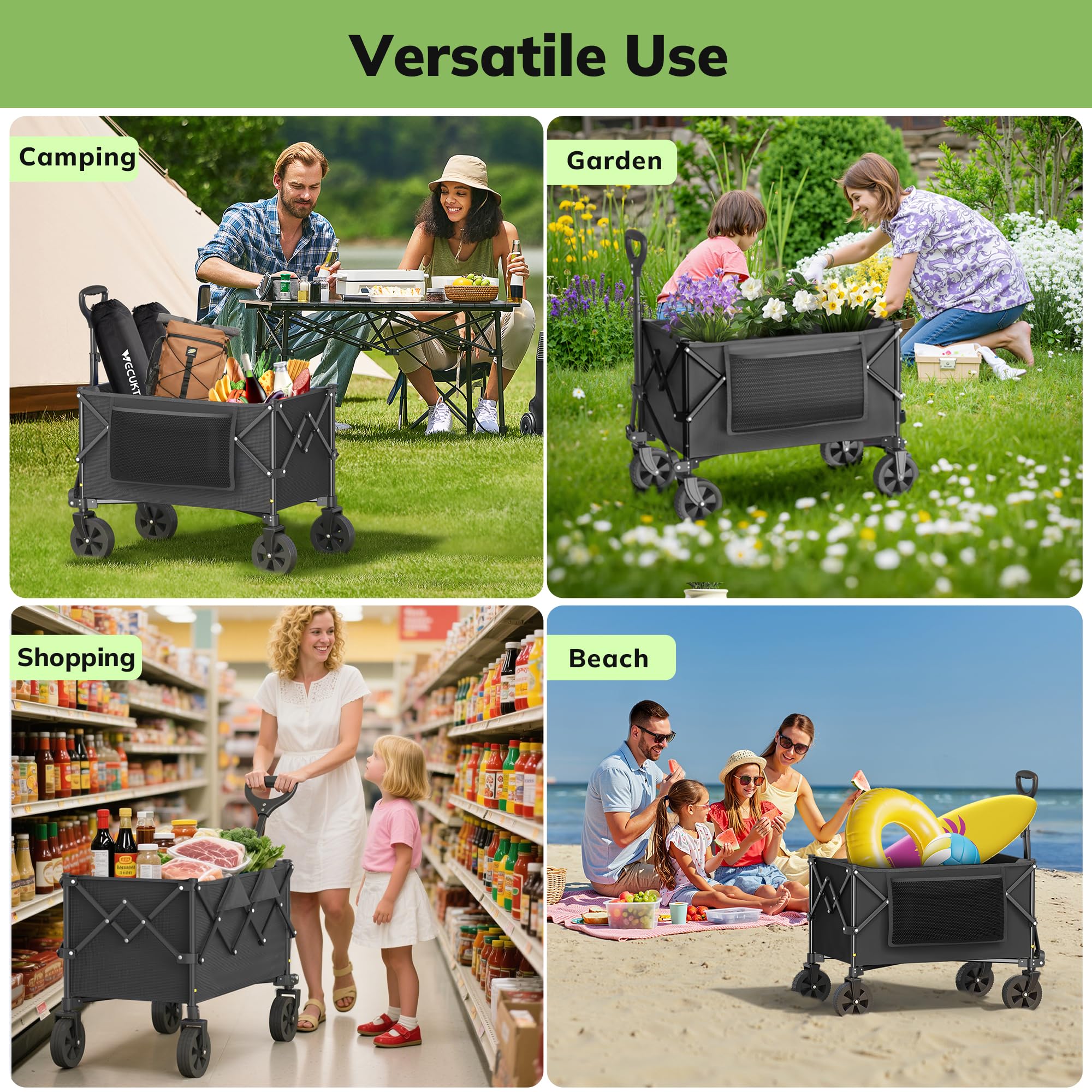 Morpilot Carrello Pieghevole Resistente con Ruote, Carrello Fuoristrada per Giardinaggio, Campeggio, Shopping, Spiaggia e Sport all'aperto, Nero, Capacità Massima 220 Litri e 150 kg