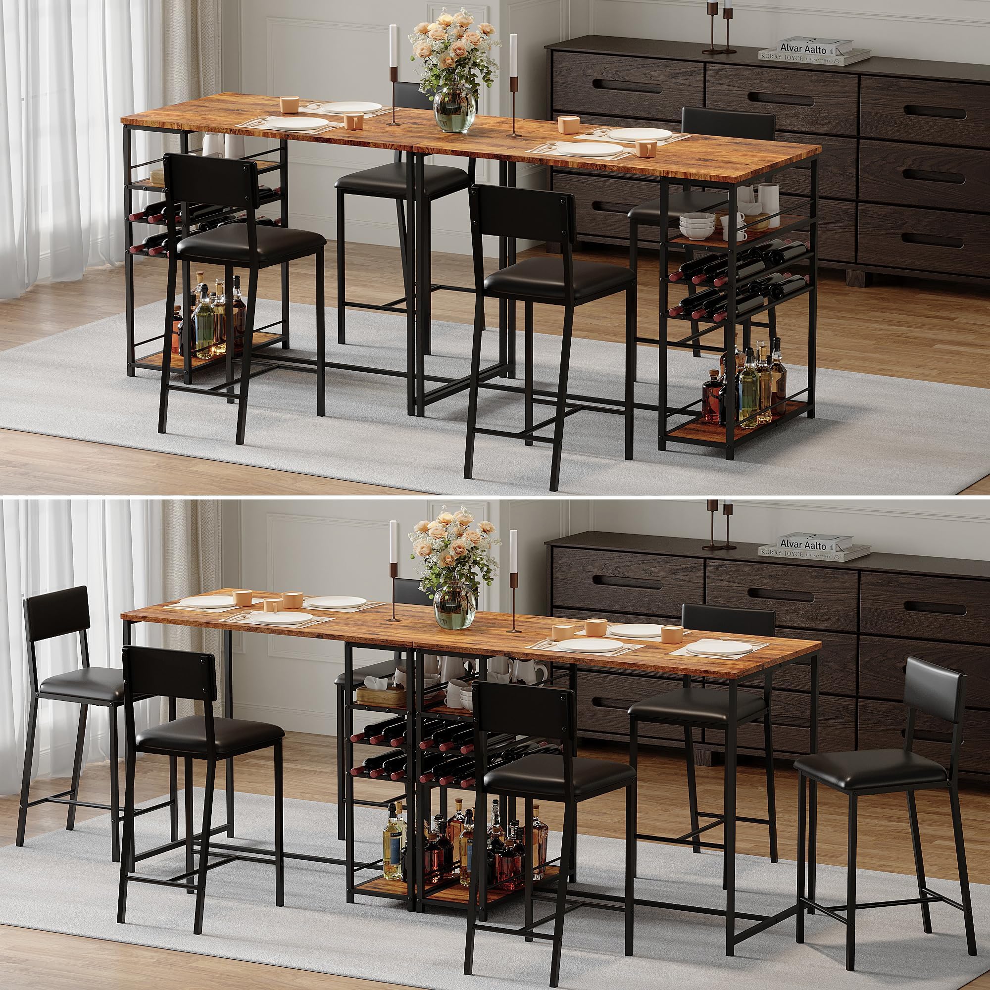 Esstisch-Set für 2 Personen mit 4 Ablagen – integrierter Getränkehalter und Flaschenhalter – Komfort gepolsterte Stühle – Metallgestell im Retro-Stil – Klassisch