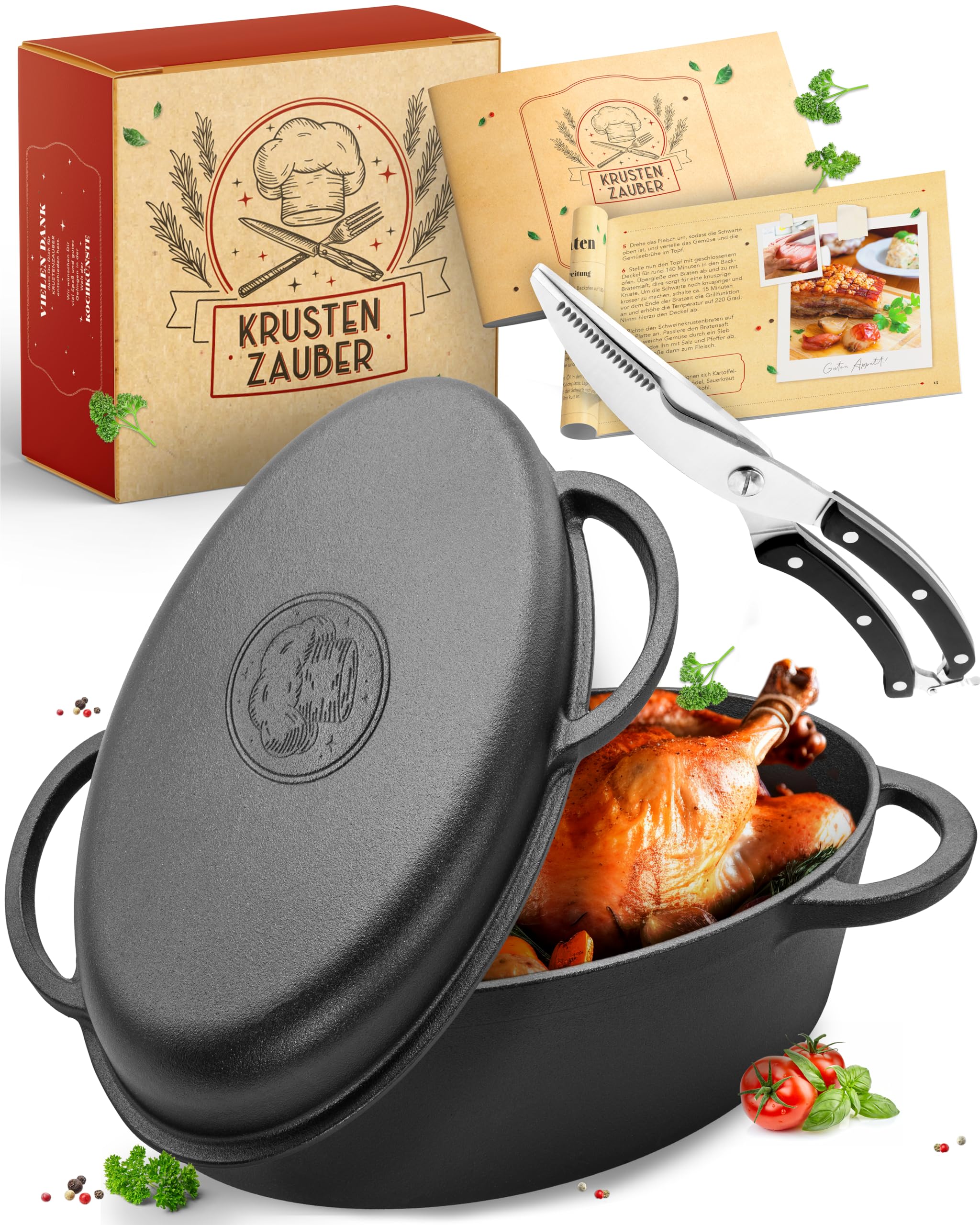 KRUSTENZAUBER 38 cm Gusseisen Bräter mit Deckel für saftige Festtagsbraten | Zartes Fleisch und aromatische Schmorgerichte, Bräter mit Deckel für Ofen & Induktion, 9 kg Gusseisen, inkl. Geflügelschere